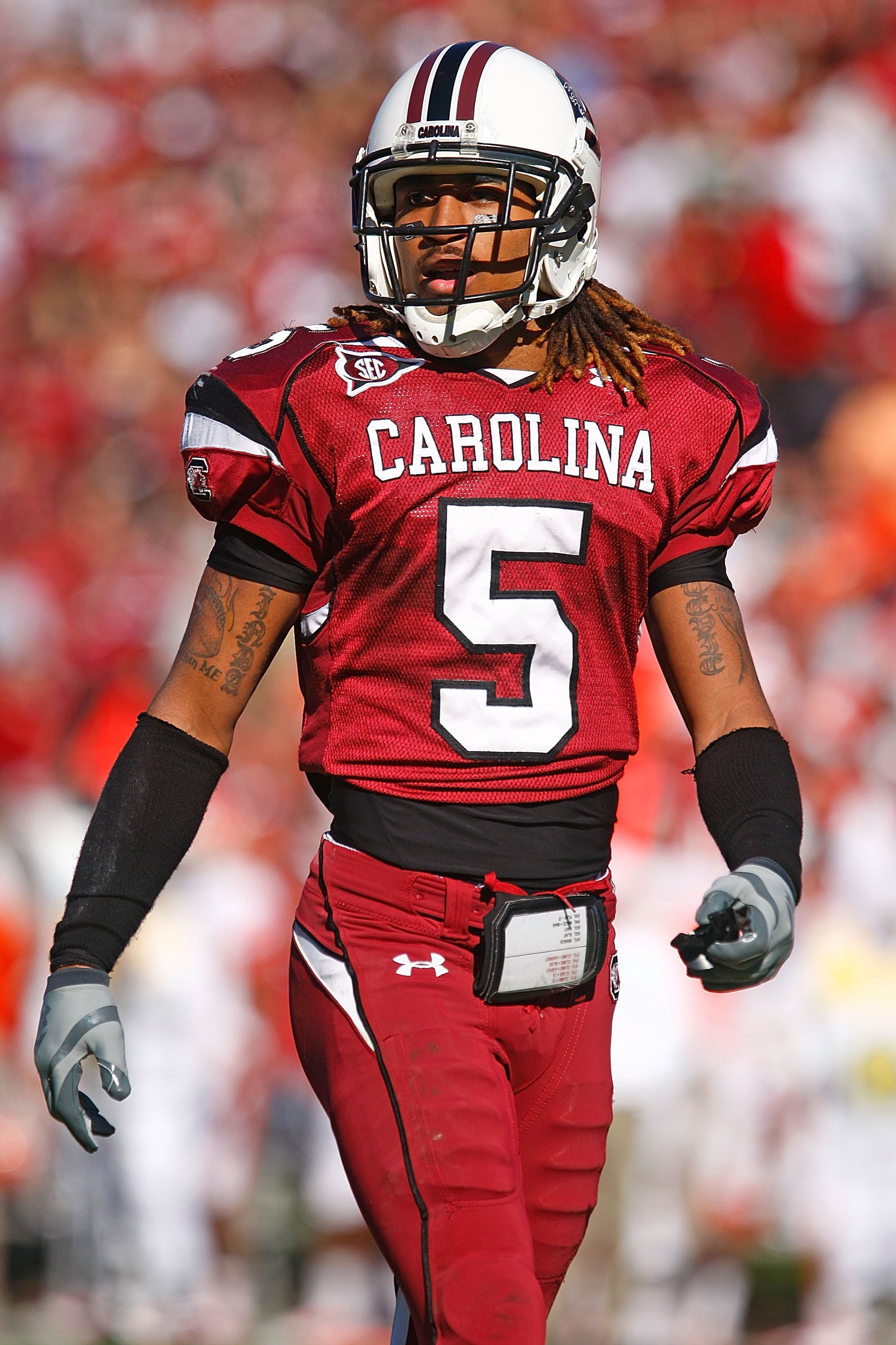 COLUMBIA, SC - NOVEMBER 28:  Stephon Gilmore #5 of the South Carolina Gamecocks runs off the field during the game against the Clemson Tigers at Williams-Brice Stadium on November 28, 2009 in Columbia, South Carolina.  (Photo by Scott Halleran/Getty Image