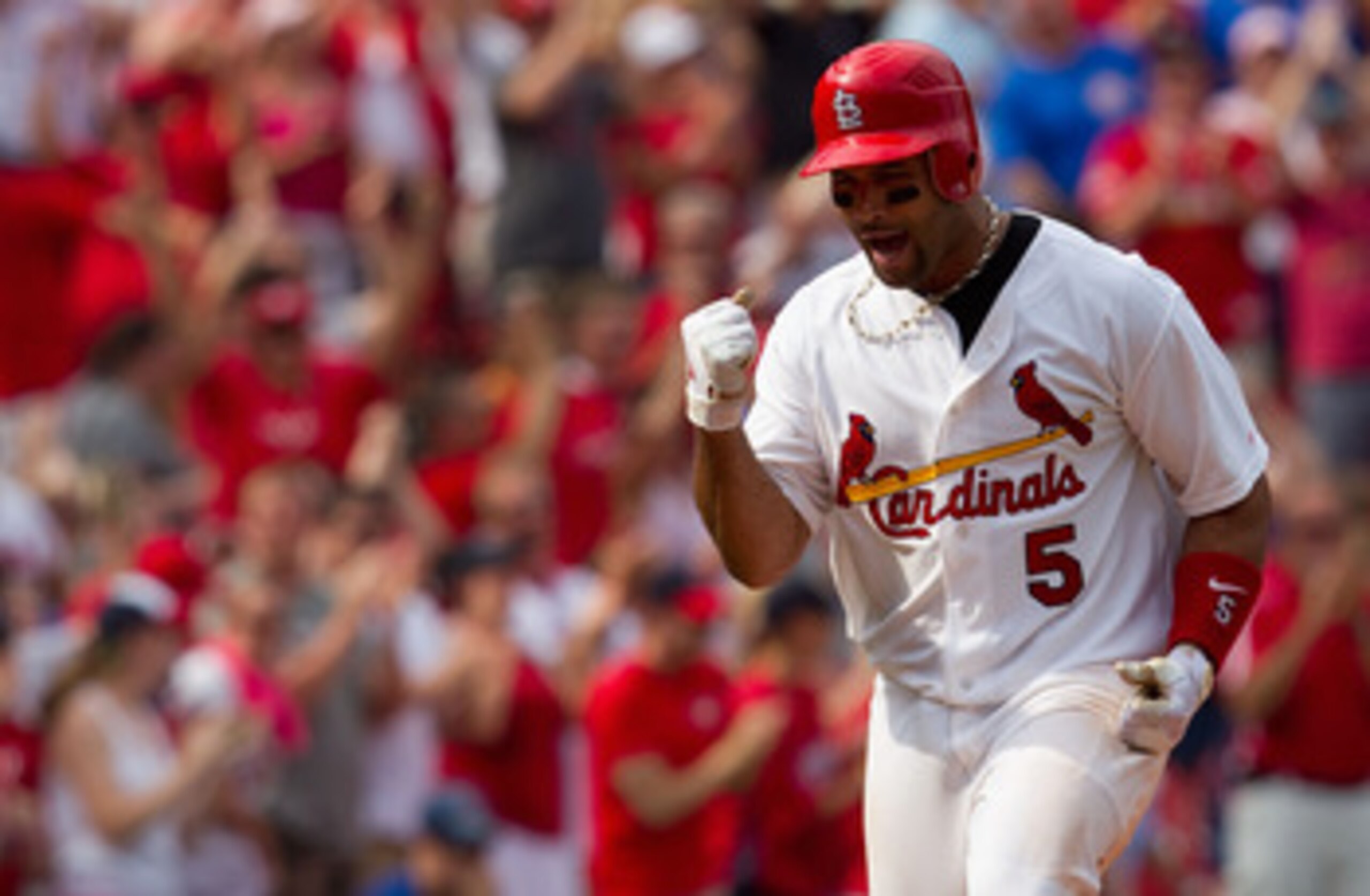 ST. LOUIS, MO - JUNE 5: Albert Pujols #5 of the St. Louis Cardinals celebrates his walk-off home run against the Chicago Cubs at Busch Stadium on June 5, 2011 in St. Louis, Missouri.  The Cardinals beat the Cubs 3-2 in 10 innings.  (Photo by Dilip Vishwan