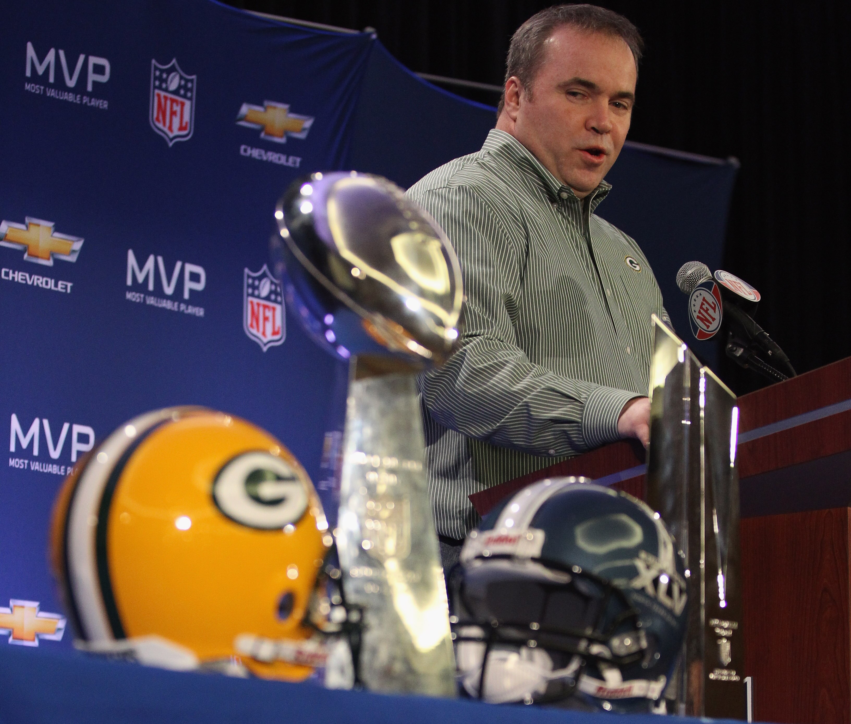 DALLAS, TX - FEBRUARY 07:  Head coach Mike McCarthy of the Green Bay Packers speaks to the media during a press conference at Super Bowl XLV Media Center on February 7, 2011 in Dallas, Texas.  (Photo by Streeter Lecka/Getty Images)