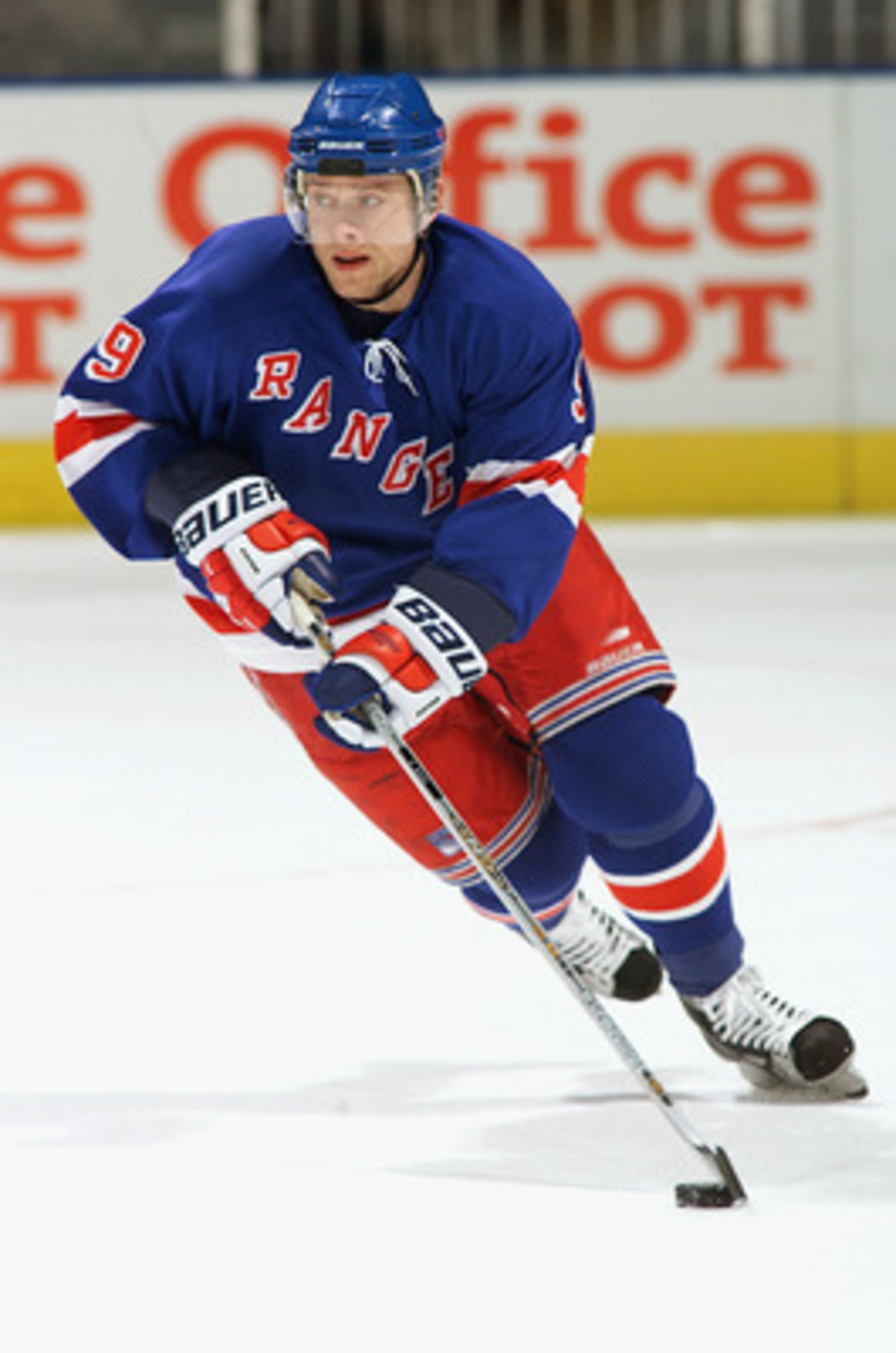 ATLANTA - NOVEMBER 28:  Pavel Bure #9 of the New York Rangers skates with the puck against the Atlanta Thrashers during the NHL game at Philips Arena on November 28, 2002 in Atlanta, Georgia.  The Thrashers won 7-4.  (Photo by Scott Cunningham/Getty Image