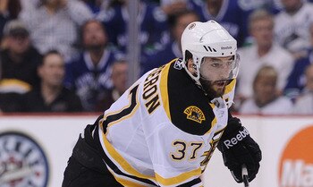 VANCOUVER, BC - JUNE 04:  Patrice Bergeron #37 of the Boston Bruins skates against Vancouver Canucks during Game Two of the 2011 NHL Stanley Cup Final at Rogers Arena on June 4, 2011 in Vancouver, British Columbia, Canada.  (Photo by Harry How/Getty Image
