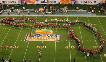 MIAMI, FL - JANUARY 03:  The Stanford Cardinal marching band performs against the Virginia Tech Hokies during the 2011 Discover Orange Bowl at Sun Life Stadium on January 3, 2011 in Miami, Florida.  (Photo by Mike Ehrmann/Getty Images)