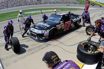 KANSAS CITY, KS - JUNE 05:  Matt Kenseth pits the #17 Affliction Clothing: Live Fast Ford during the NASCAR Sprint Cup Series STP 400 at Kansas Speedway on June 5, 2011 in Kansas City, Kansas.  (Photo by John Harrelson/Getty Images for NASCAR)