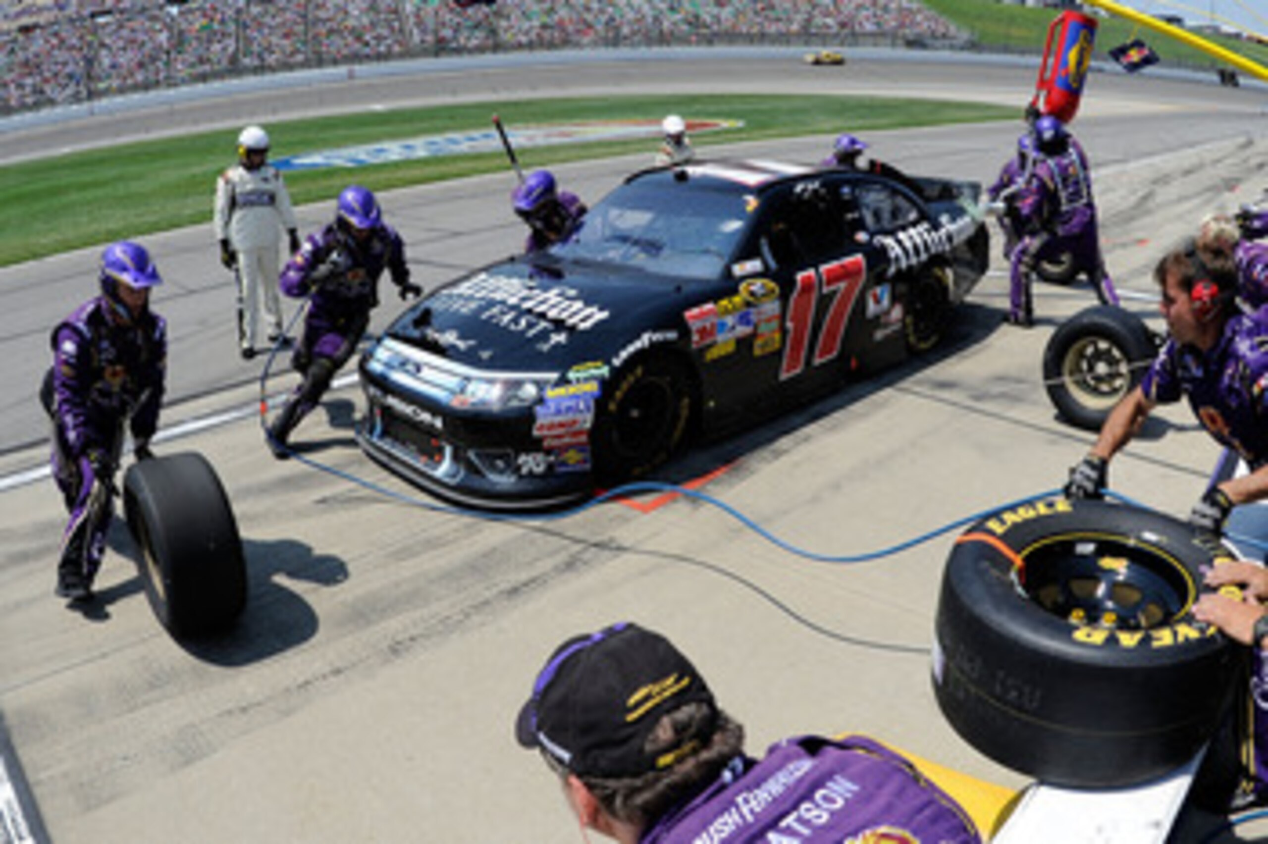 KANSAS CITY, KS - JUNE 05:  Matt Kenseth pits the #17 Affliction Clothing: Live Fast Ford during the NASCAR Sprint Cup Series STP 400 at Kansas Speedway on June 5, 2011 in Kansas City, Kansas.  (Photo by John Harrelson/Getty Images for NASCAR)
