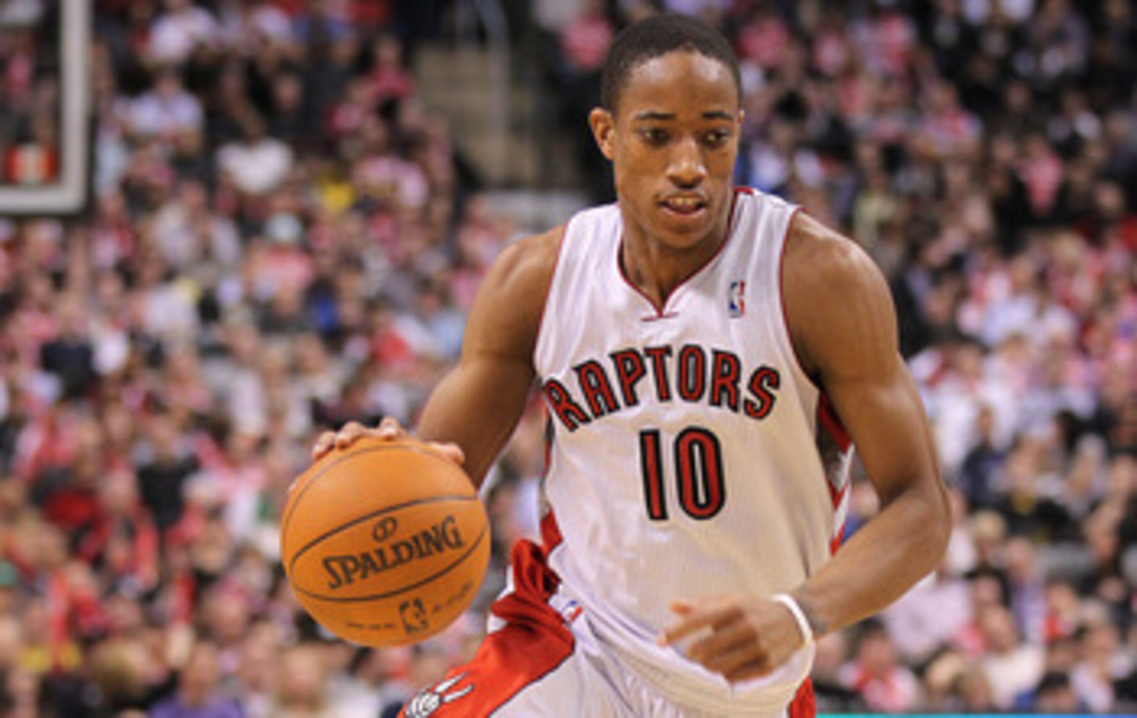 TORONTO, CAN - FEBRUARY 16:  DeMar DeRozan #10 of the Toronto Raptors drives with the ball a game against the Miami Heat on February 16, 2011 at the Air Canada Centre in Toronto, Canada. The Heat defeated the Raptors 103-95. (Photo by Claus Andersen/Getty