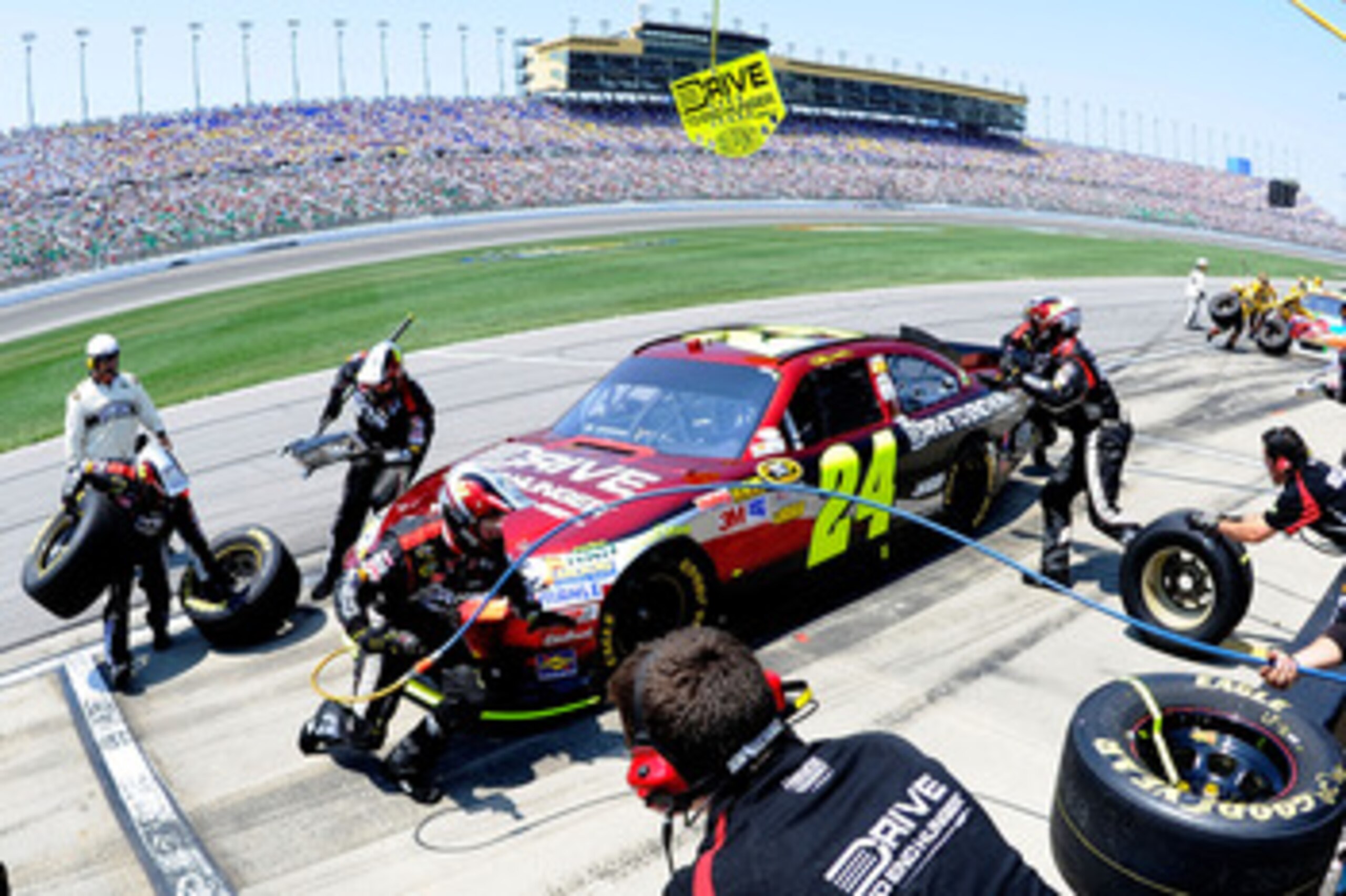 KANSAS CITY, KS - JUNE 05:  Jeff Gordon pits the #24 Drive to End Hunger Chevrolet during the NASCAR Sprint Cup Series STP 400 at Kansas Speedway on June 5, 2011 in Kansas City, Kansas.  (Photo by John Harrelson/Getty Images for NASCAR)