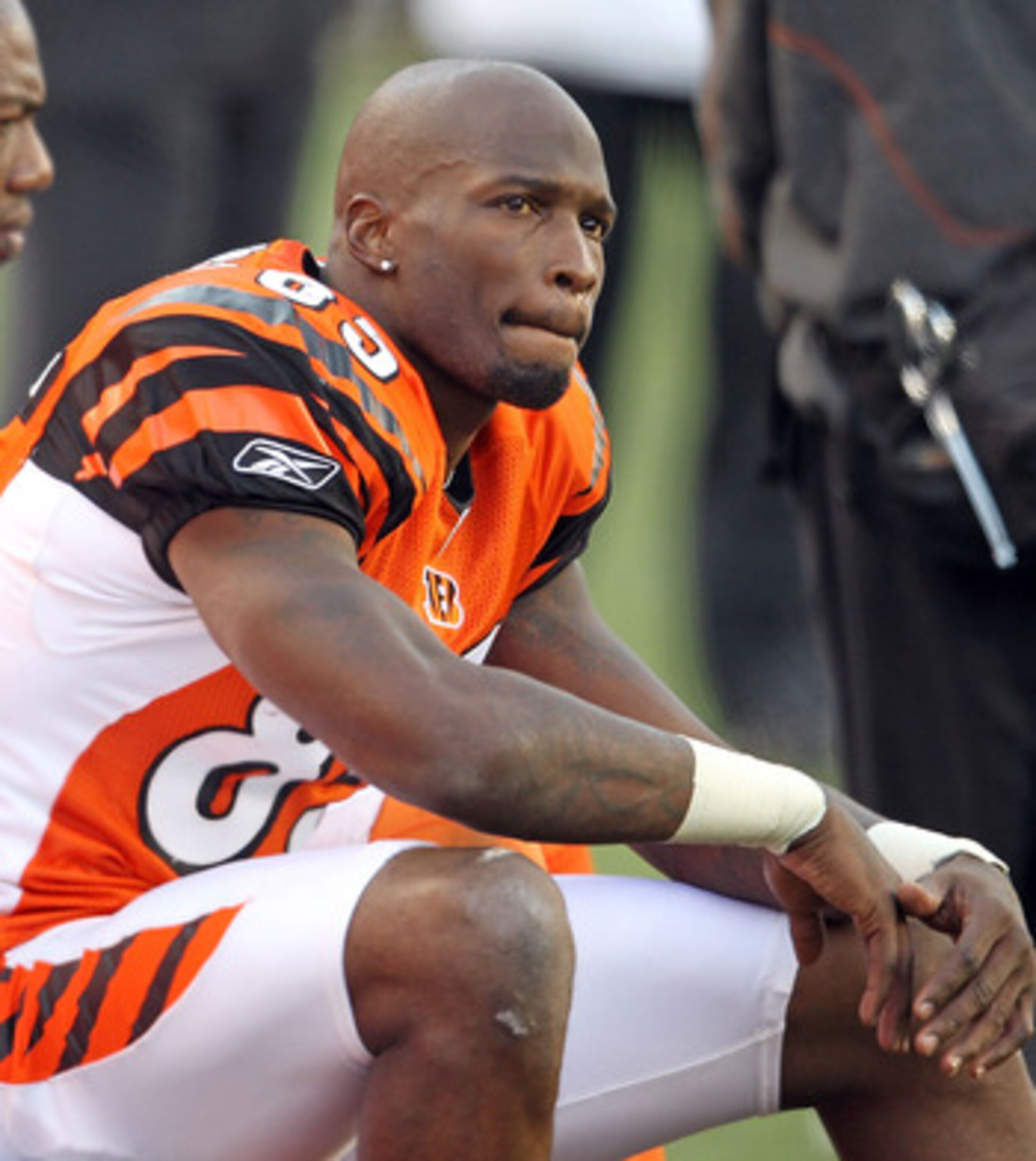 CINCINNATI - NOVEMBER 21:  Chad Ochocinco #85 and Terrell Owens #81 of the Cincinnati Bengals watch from the sideline during the final minutes of the Bengals 49-31 loss to the Buffalo Bills at Paul Brown Stadium on November 21, 2010 in Cincinnati, Ohio.