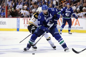 VANCOUVER, BC - JUNE 04:  Ryan Kesler #17 of the Vancouver Canucks skates against Michael Ryder #73 of the Boston Bruins during Game Two of the 2011 NHL Stanley Cup Final at Rogers Arena on June 4, 2011 in Vancouver, British Columbia, Canada.  (Photo by H