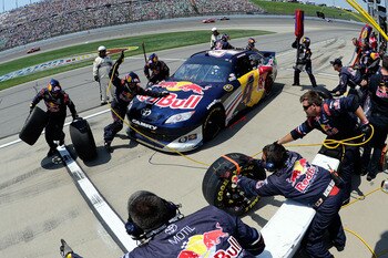 KANSAS CITY, KS - JUNE 05:  Kasey Kahne pits the #4 Red Bull Toyota during the NASCAR Sprint Cup Series STP 400 at Kansas Speedway on June 5, 2011 in Kansas City, Kansas.  (Photo by John Harrelson/Getty Images for NASCAR)