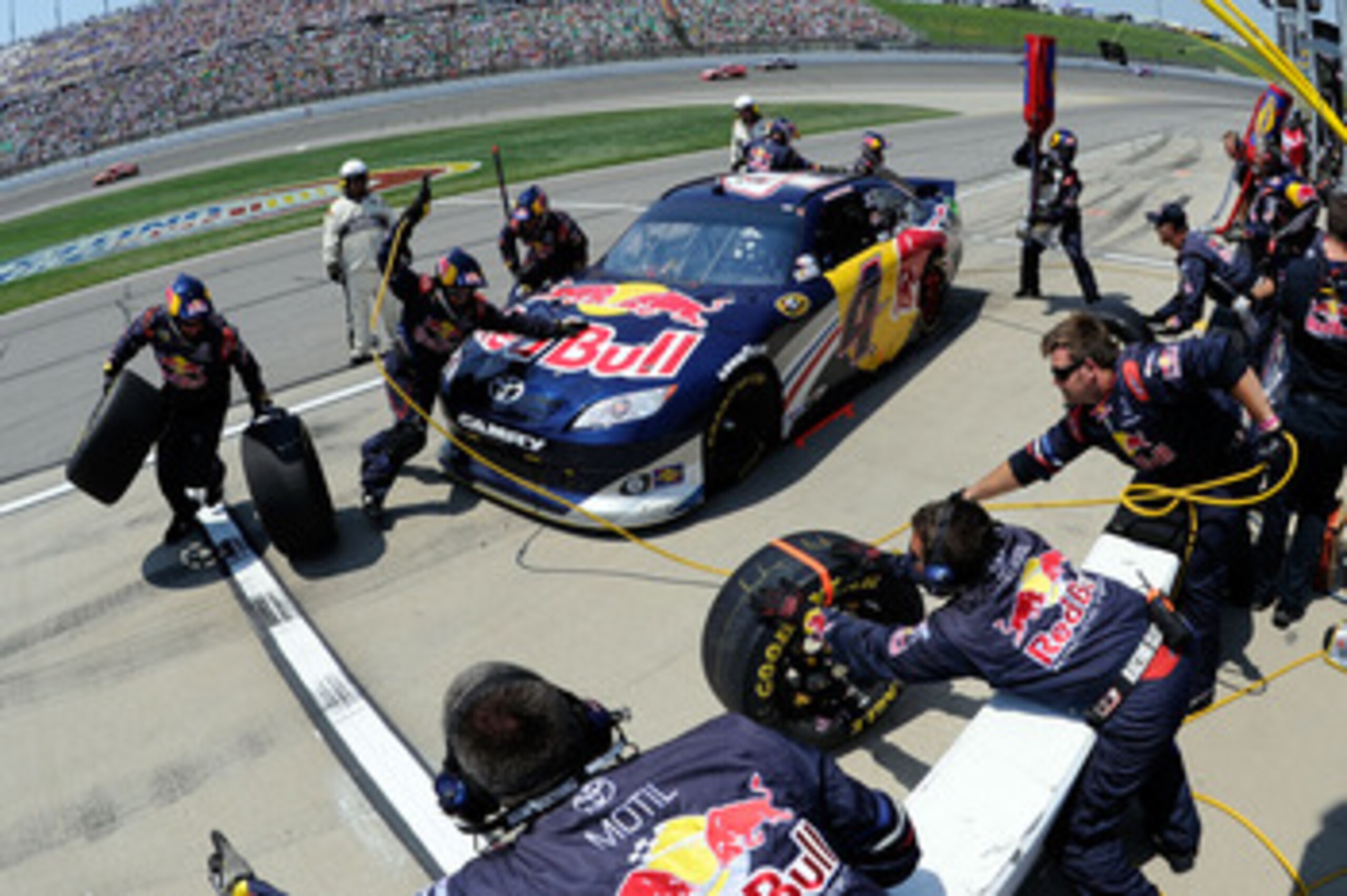 KANSAS CITY, KS - JUNE 05:  Kasey Kahne pits the #4 Red Bull Toyota during the NASCAR Sprint Cup Series STP 400 at Kansas Speedway on June 5, 2011 in Kansas City, Kansas.  (Photo by John Harrelson/Getty Images for NASCAR)