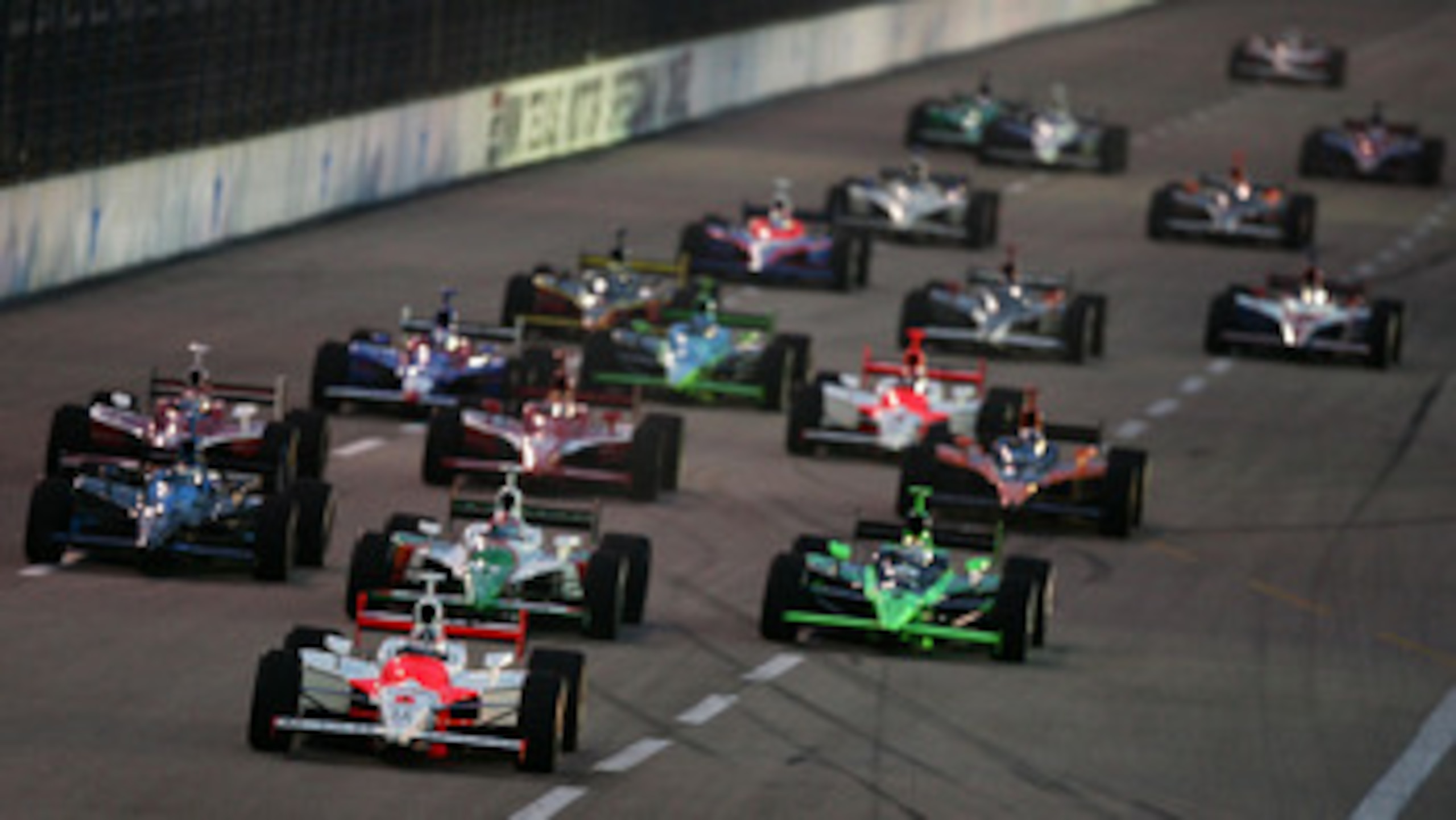 FORT WORTH, TX - JUNE 09: Sam Hornish Jr., driver of the #6 Marlboro Team Penske Dallara Honda, drives in front of the pack at the start during the Bombardier Learjet 550k, part of the IndyCar Series, on June 9, 2007 at Texas Motor Speedway at Fort Worth FORT WORTH, TX - JUNE 09: Sam Hornish Jr., driver of the #6 Marlboro Team Penske Dallara Honda, drives in front of the pack at the start during the Bombardier Learjet 550k, part of the IndyCar Series, on June 9, 2007 at Texas Motor Speedway at Fort Worth