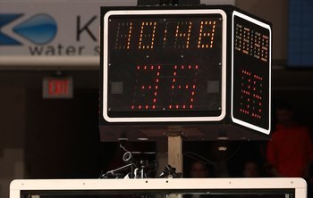 INDIANAPOLIS - MARCH 14:  A detail of the backboard and shot clock as a basketball goes thru the hoop as the Michigan State Spartans play against the Ohio State Buckeyes during their semifinal game of the Big Ten Men's Basketball Tournament at Conseco Fie