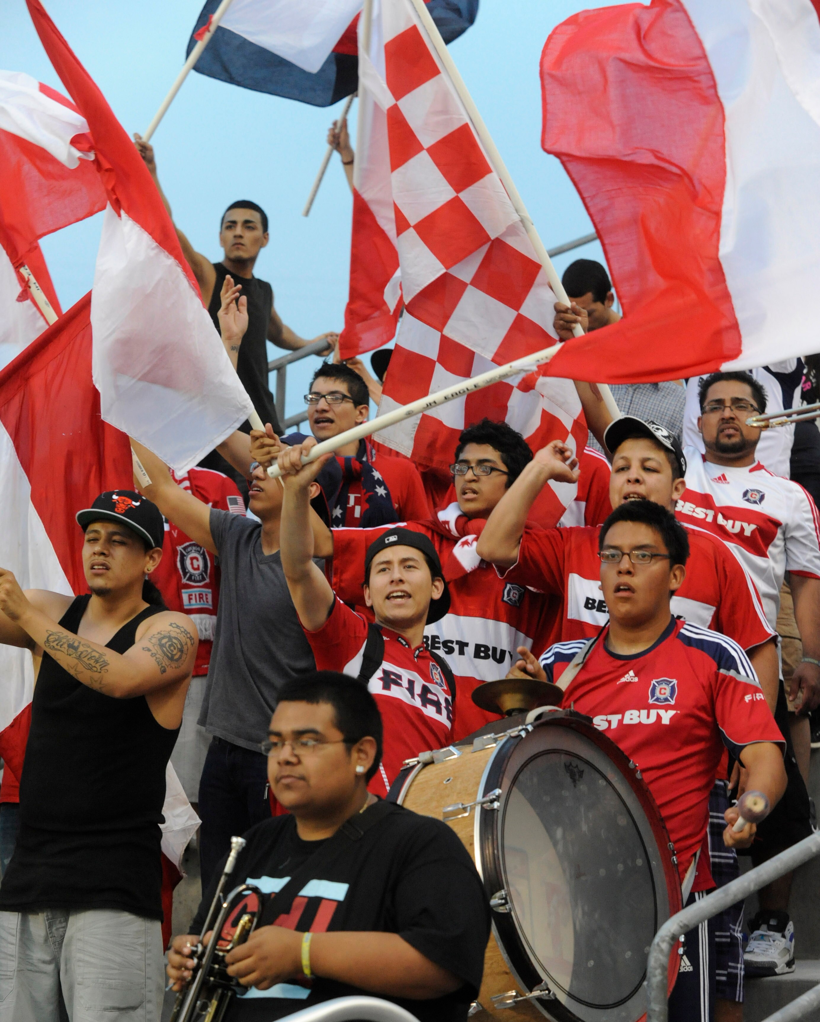 BRIDGEVIEW, IL - JUNE 4: Chicago Fire fans cheer during the  match against theSeattle Sounders FC in an MLS match on June 4, 2011 at Toyota Park in Bridgeview, Illinois. The Fire and the Sounders game ended in a 0-0 tie. The Fire and the Sounders game end
