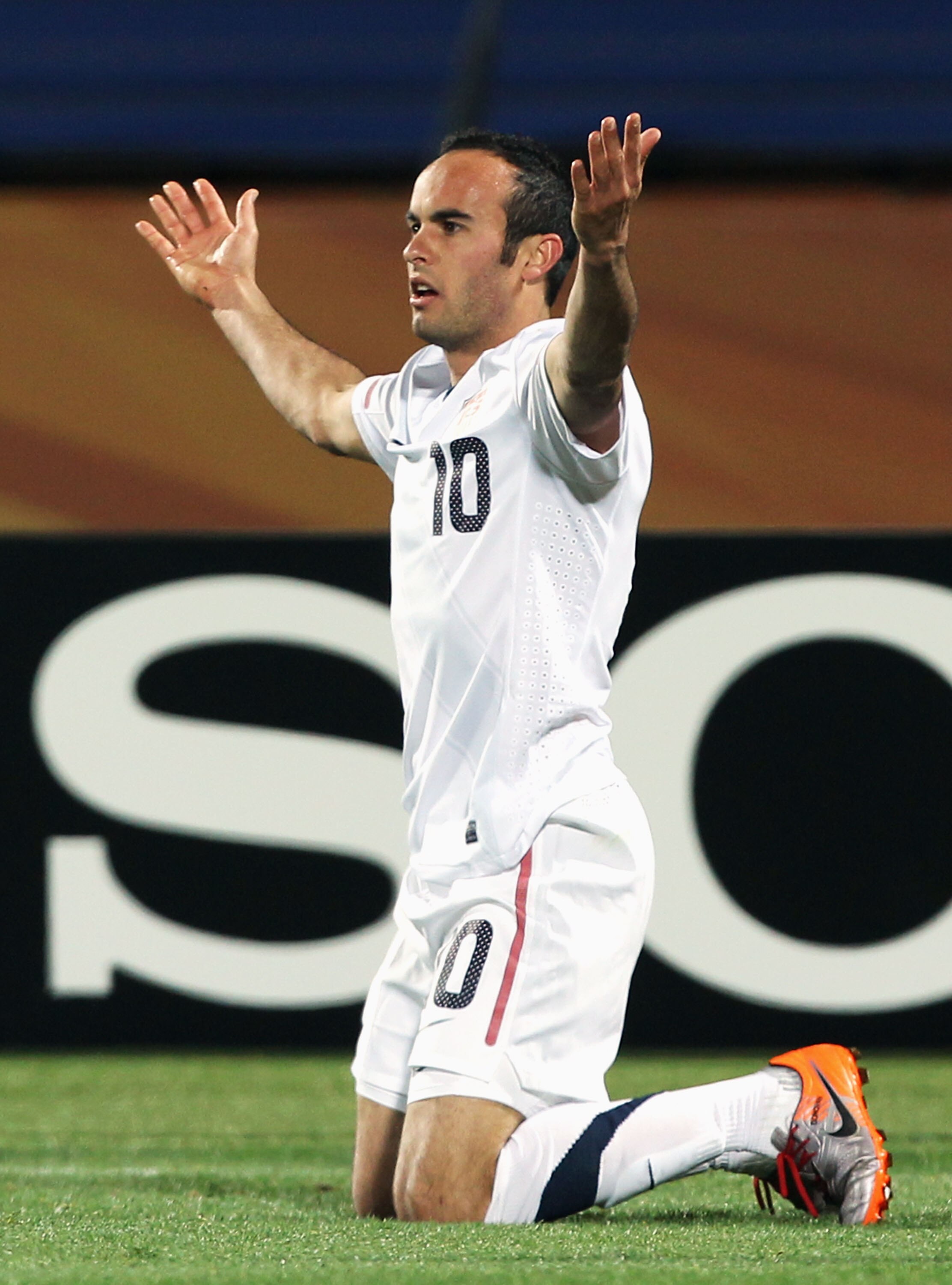 RUSTENBURG, SOUTH AFRICA - JUNE 26: Landon Donovan of the United States gestures during the 2010 FIFA World Cup South Africa Round of Sixteen match between USA and Ghana at Royal Bafokeng Stadium on June 26, 2010 in Rustenburg, South Africa.  (Photo by Ia