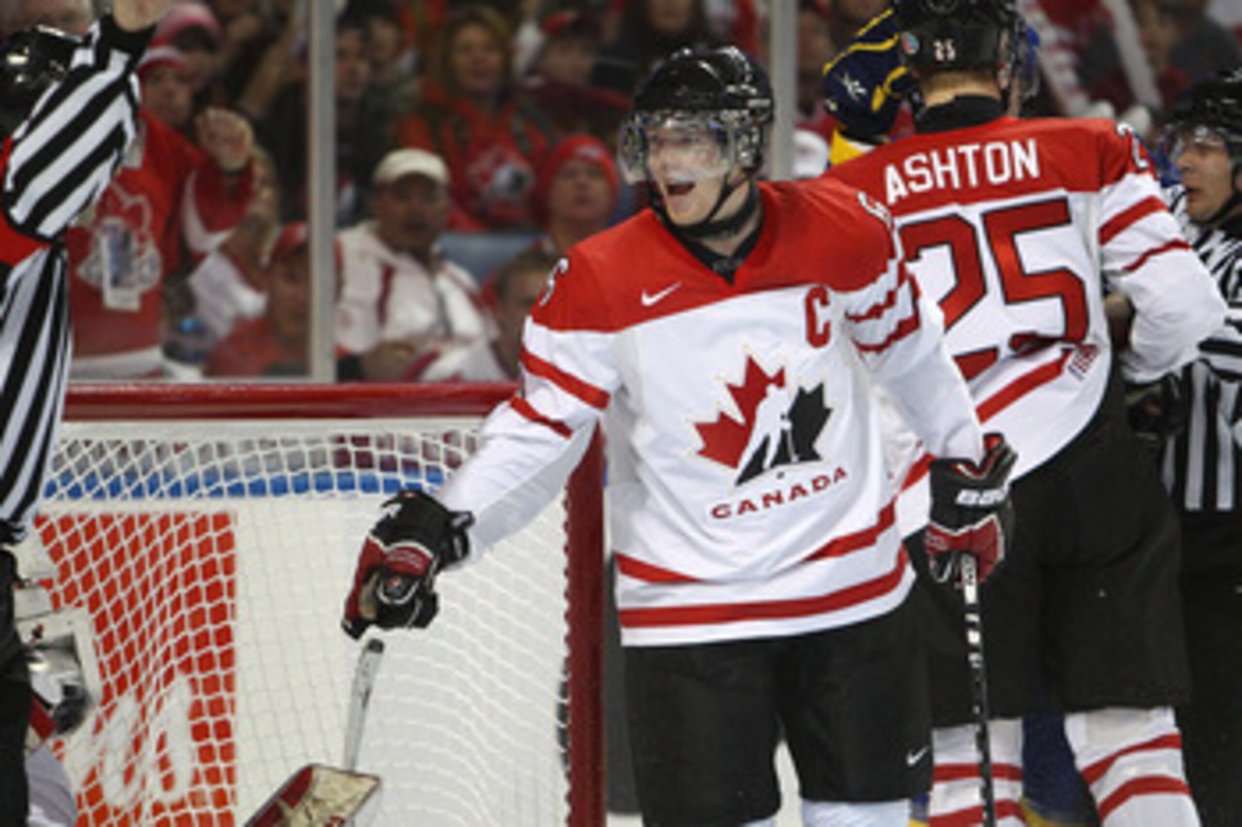 BUFFALO, NY - DECEMBER 31: Defenseman Ryan Ellis #6 of Canada voices a complaint to the official during the 2011 IIHF World U20 Championship game between Canada and Sweden on December 31, 2010 at HSBC Arena in Buffalo, New York. (Photo by Tom Szczerbowski