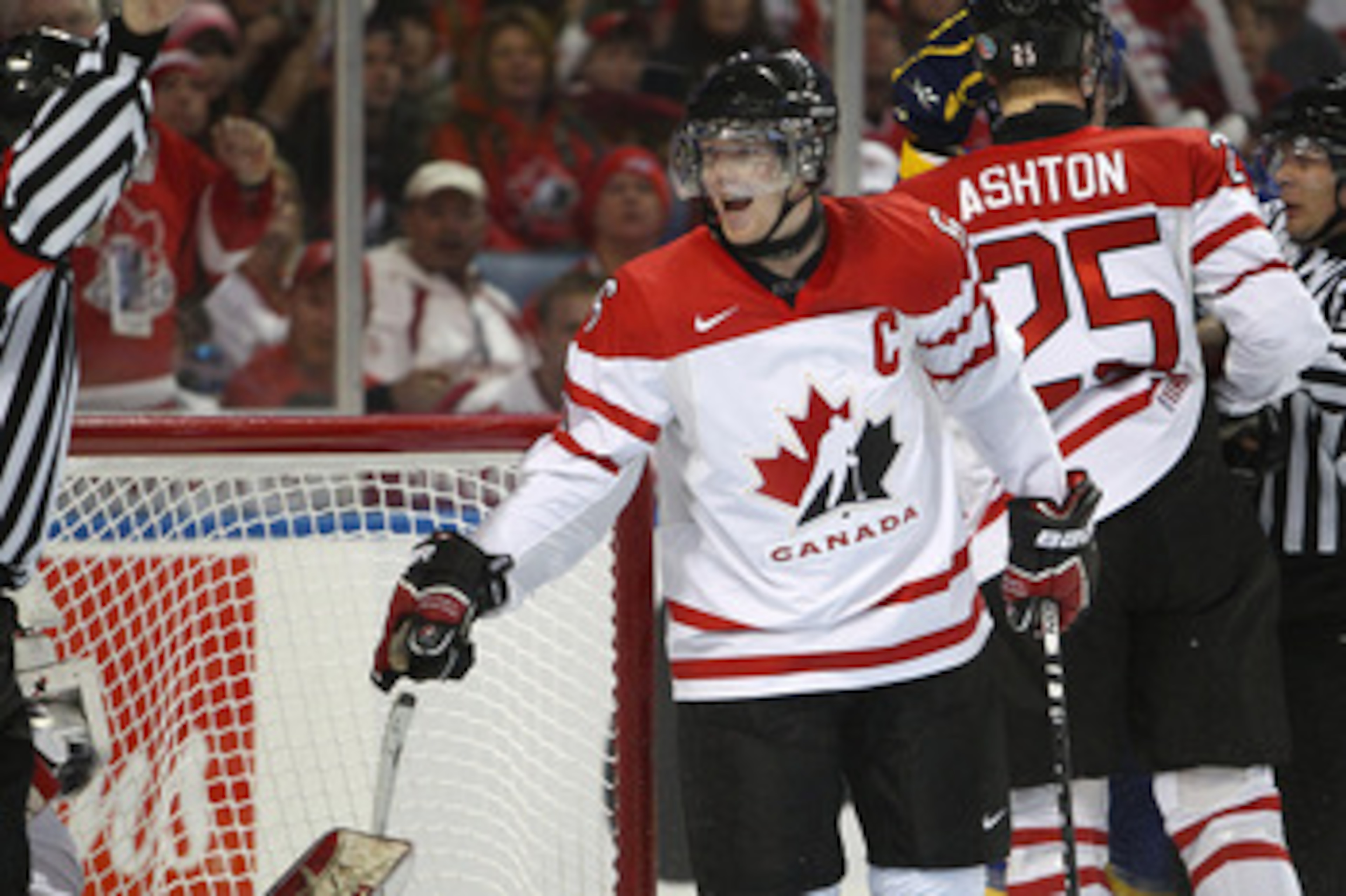 BUFFALO, NY - DECEMBER 31: Defenseman Ryan Ellis #6 of Canada voices a complaint to the official during the 2011 IIHF World U20 Championship game between Canada and Sweden on December 31, 2010 at HSBC Arena in Buffalo, New York. (Photo by Tom Szczerbowski