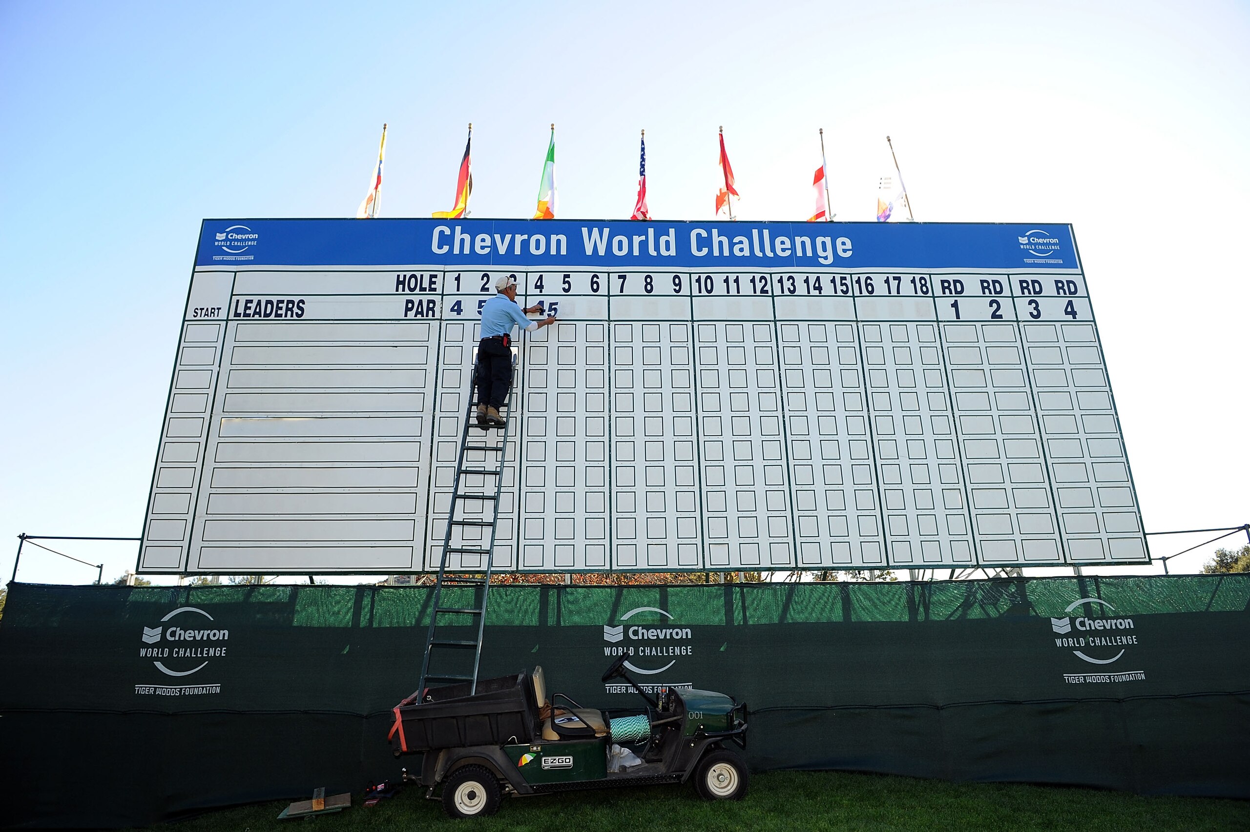 THOUSAND OAKS, CA - NOVEMBER 30:  Groundskeeper Tom Lynam prepares the main scoreboard before the Chevron World Challenge at Sherwood Country Club on November 30, 2009 in Thousand Oaks, California.  (Photo by Harry How/Getty Images)