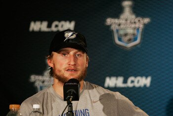 TAMPA, FL - MAY 25:  Steven Stamkos #91 of the Tampa Bay Lightning speaks to the media after their 5 to 4 win over the Boston Bruins in Game Six of the Eastern Conference Finals during the 2011 NHL Stanley Cup Playoffs at St Pete Times Forum on May 25, 20
