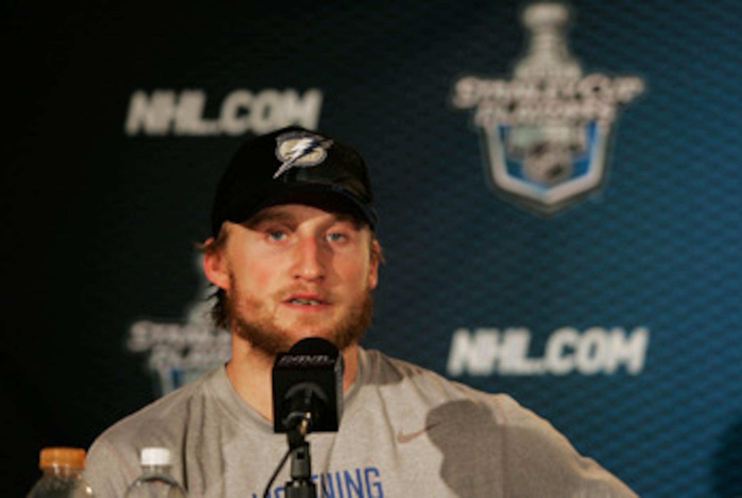 TAMPA, FL - MAY 25:  Steven Stamkos #91 of the Tampa Bay Lightning speaks to the media after their 5 to 4 win over the Boston Bruins in Game Six of the Eastern Conference Finals during the 2011 NHL Stanley Cup Playoffs at St Pete Times Forum on May 25, 20