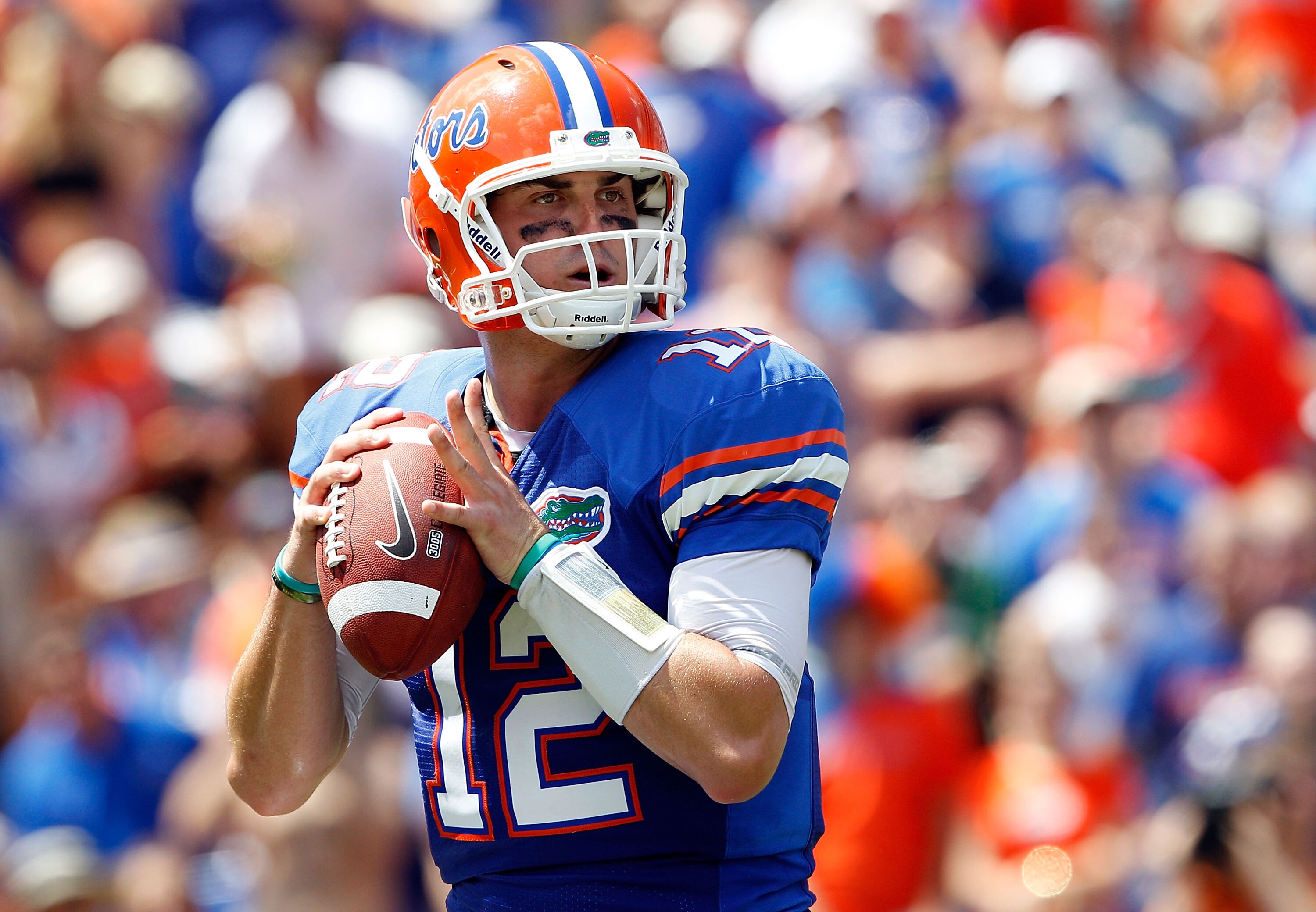 GAINESVILLE, FL - SEPTEMBER 11:  Quarterback John Brantley #12 of the Florida Gators attempts a pass during a game against the South Florida Bulls at Ben Hill Griffin Stadium on September 11, 2010 in Gainesville, Florida.  (Photo by Sam Greenwood/Getty Im