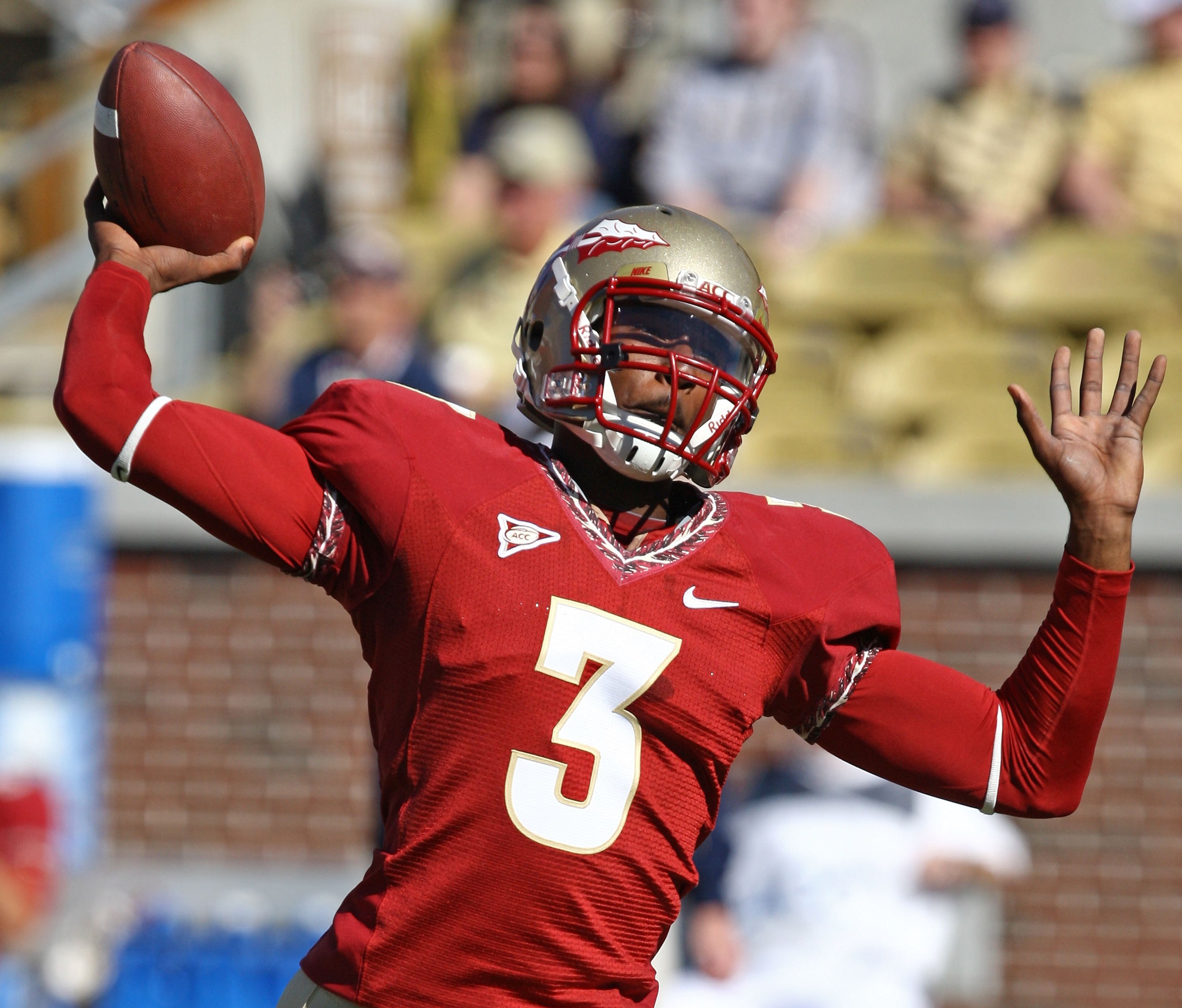 ATLANTA - NOVEMBER 1:  Quarterback E.J. Manuel #3 of the Florida State Seminoles throws a practice pass before the game against the Georgia Tech Yellow Jackets  at Bobby Dodd Stadium at Historic Grant Field on November 1, 2008 in Atlanta, Georgia.  Georgi