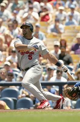 LOS ANGELES - JULY 31:  Albert Pujols #5 of the St. Louis Cardinals bats during the game against the Los Angeles Dodgers on July 31, 2005 at Dodger Stadium in Los Angeles, California.  The Cardinals won 7-5 in 11 innings.  (Photo by Stephen Dunn /Getty Im