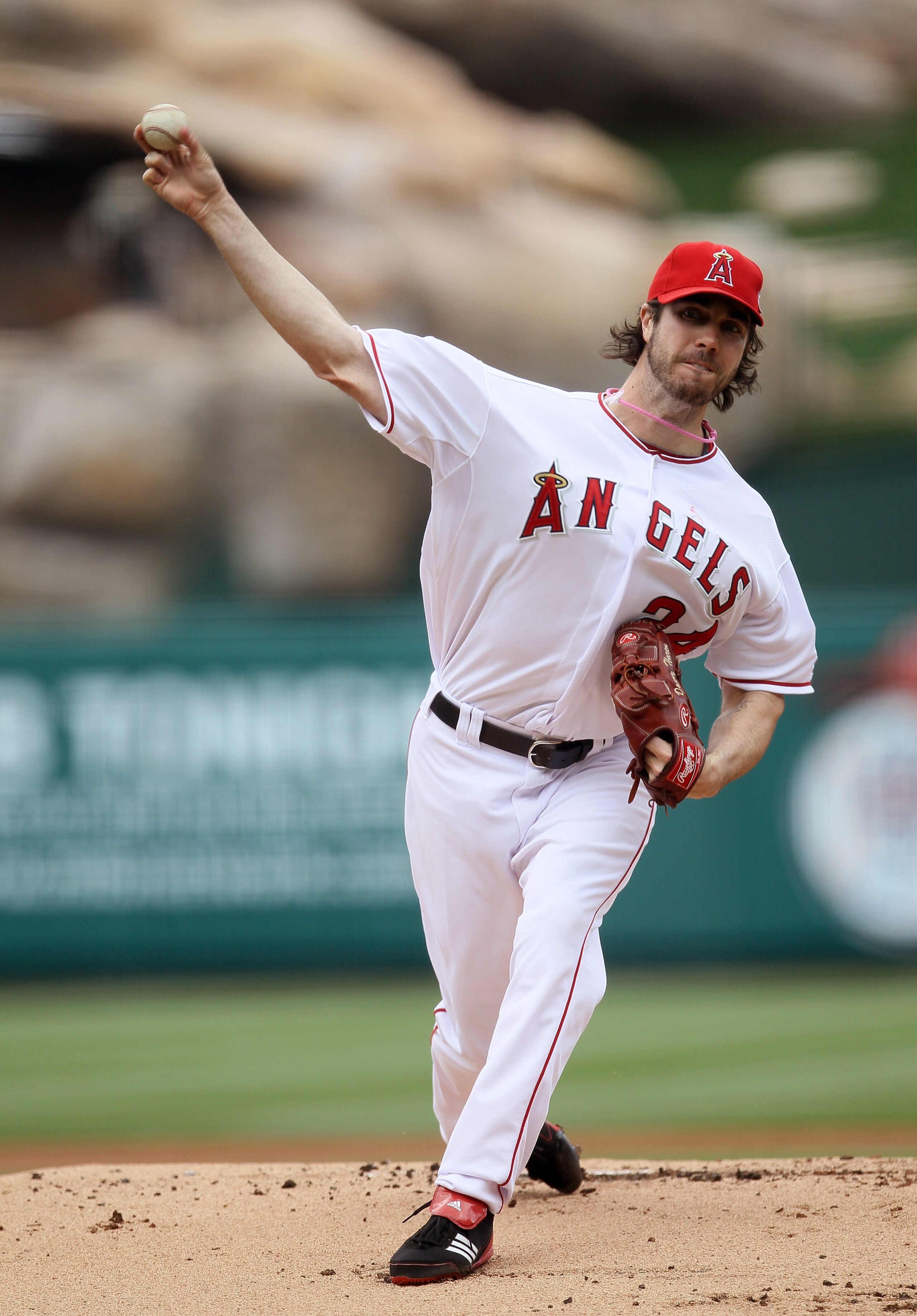 ANAHEIM, CA - MAY 8:  Dan Haren #24 of the Los Angeles Angels of Anaheim throws a pitch against the Cleveland Indians on May 8, 2011 at Angel Stadium in Anaheim, California.  (Photo by Stephen Dunn/Getty Images)