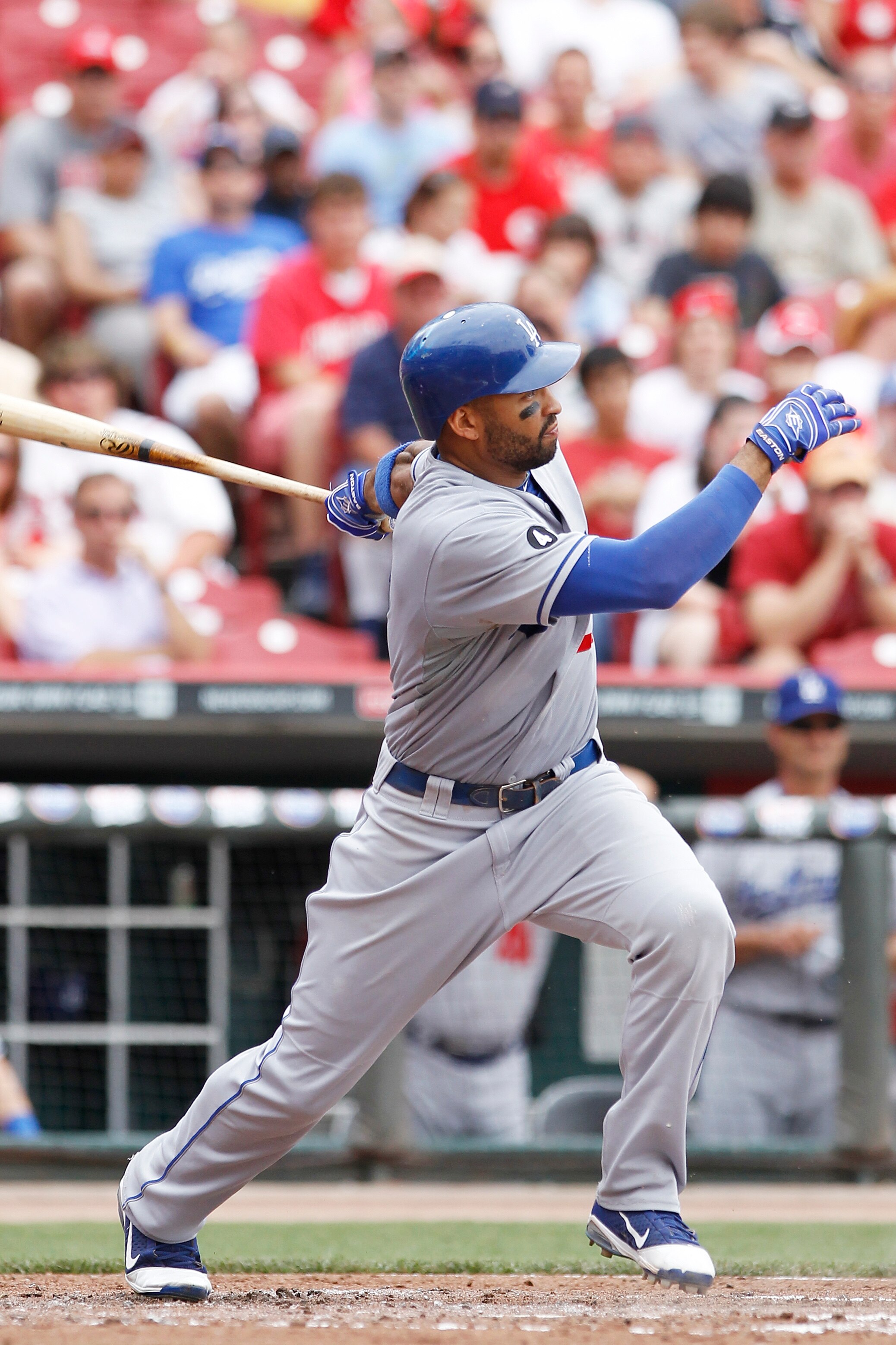 CINCINNATI, OH - JUNE 5: Matt Kemp #27 of the Los Angeles Dodgers bats against the Cincinnati Reds at Great American Ball Park on June 5, 2011 in Cincinnati, Ohio. (Photo by Joe Robbins/Getty Images)