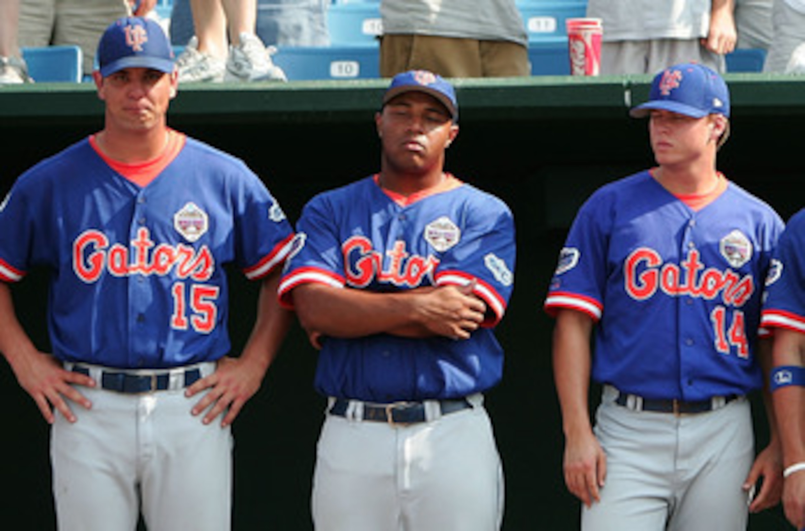 OMAHA, NE - JUNE 26:  Members of the Florida Gators look on from the dugout after losing to the Texas Longhorns during Game 2 of the championship series of the 59th College World Series on June 26, 2005 at Rosenblatt Stadium in Omaha, Nebraska.  (Photo by