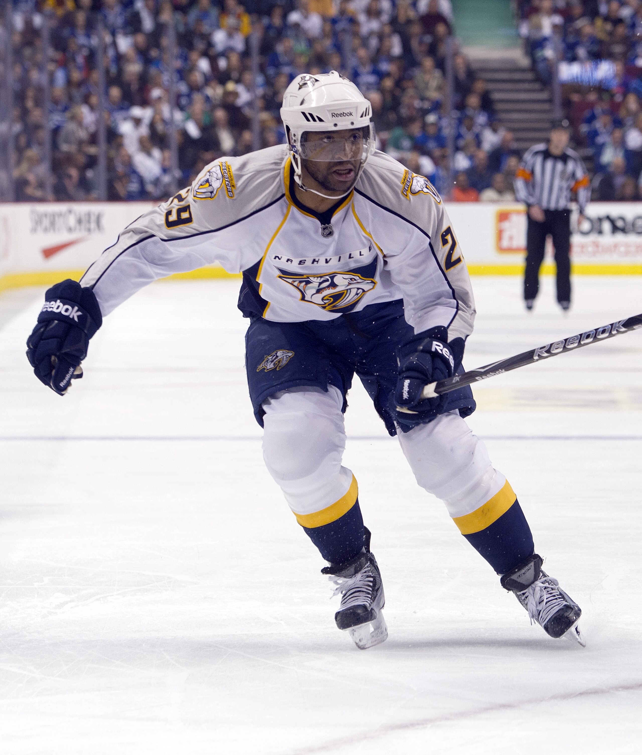 VANCOUVER, CANADA - APRIL 28: Joel Ward #29 of the Nashville Predators skates during Game One of the Western Conference Semifinals against the Vancouver Canucks during the 2011 NHL Stanley Cup Playoffs on April 28, 2011 at Rogers Arena in Vancouver, BC, C