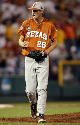 OMAHA, NE - JUNE 23:  Taylor Jungmann #26 of the Texas Longhorns celebrates the win after striking out the last Louisiana State University Tigers batter during Game 2 of the 2009 NCAA College World Series at Rosenblatt Stadium on June 23, 2009 in Omaha, N