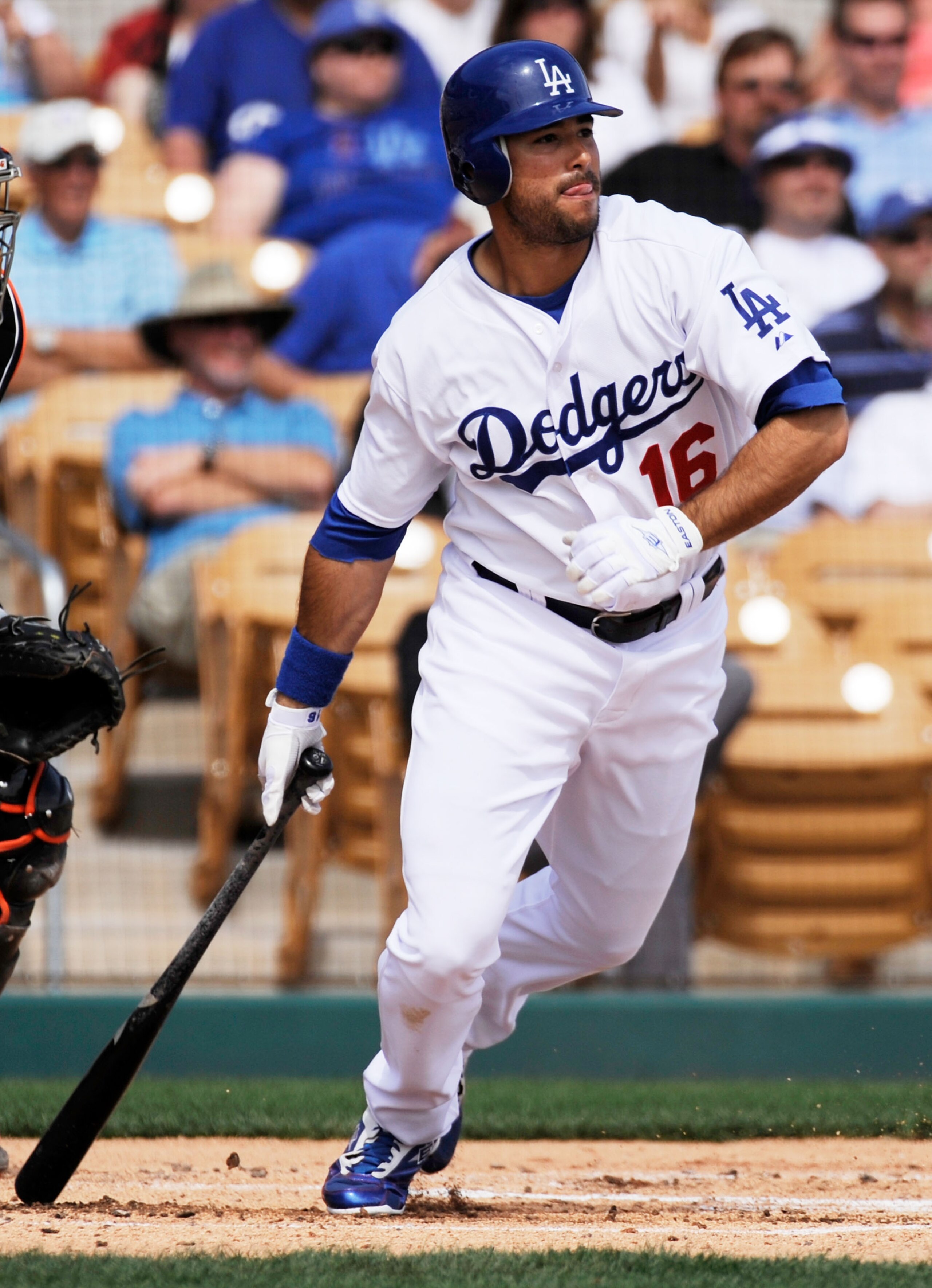 GLENDALE, AZ - MARCH 04:  Andre Ethier #16 of the Los Angeles Dodgers gets a hit against the San Francisco Giants during a spring training game on March 4, 2009 in Glendale, Arizona.  (Photo by Kevork Djansezian/Getty Images)