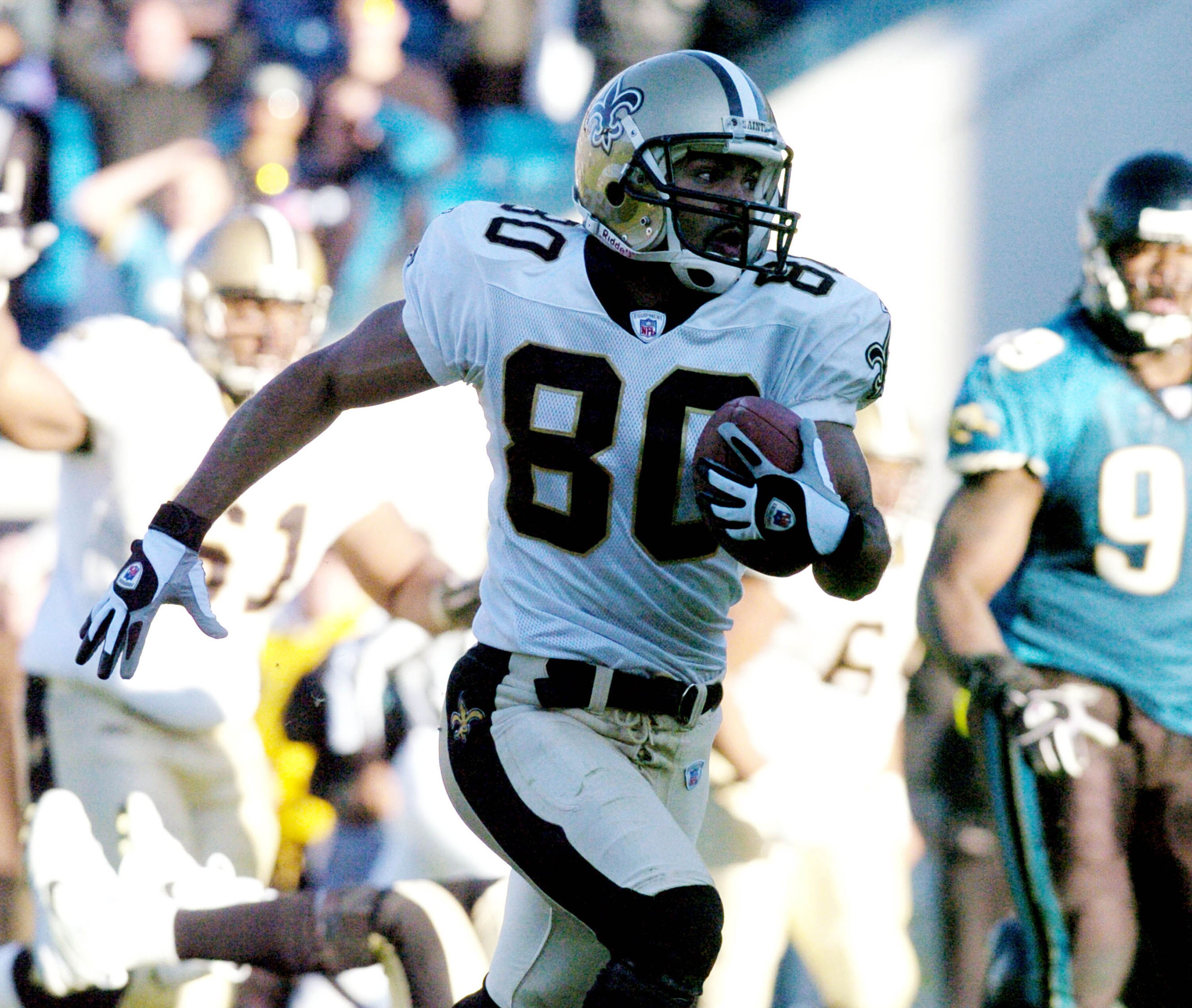 New Orleans Saints wide receiver Jerome Pathon scores with no time on the clock  December 21, 2003 at Alltel Stadium, Jacksonville, Florida.  Pathon scored on a play where the ball changed hands five times.The Jaguars won 20 - 19 when the Saints missed th