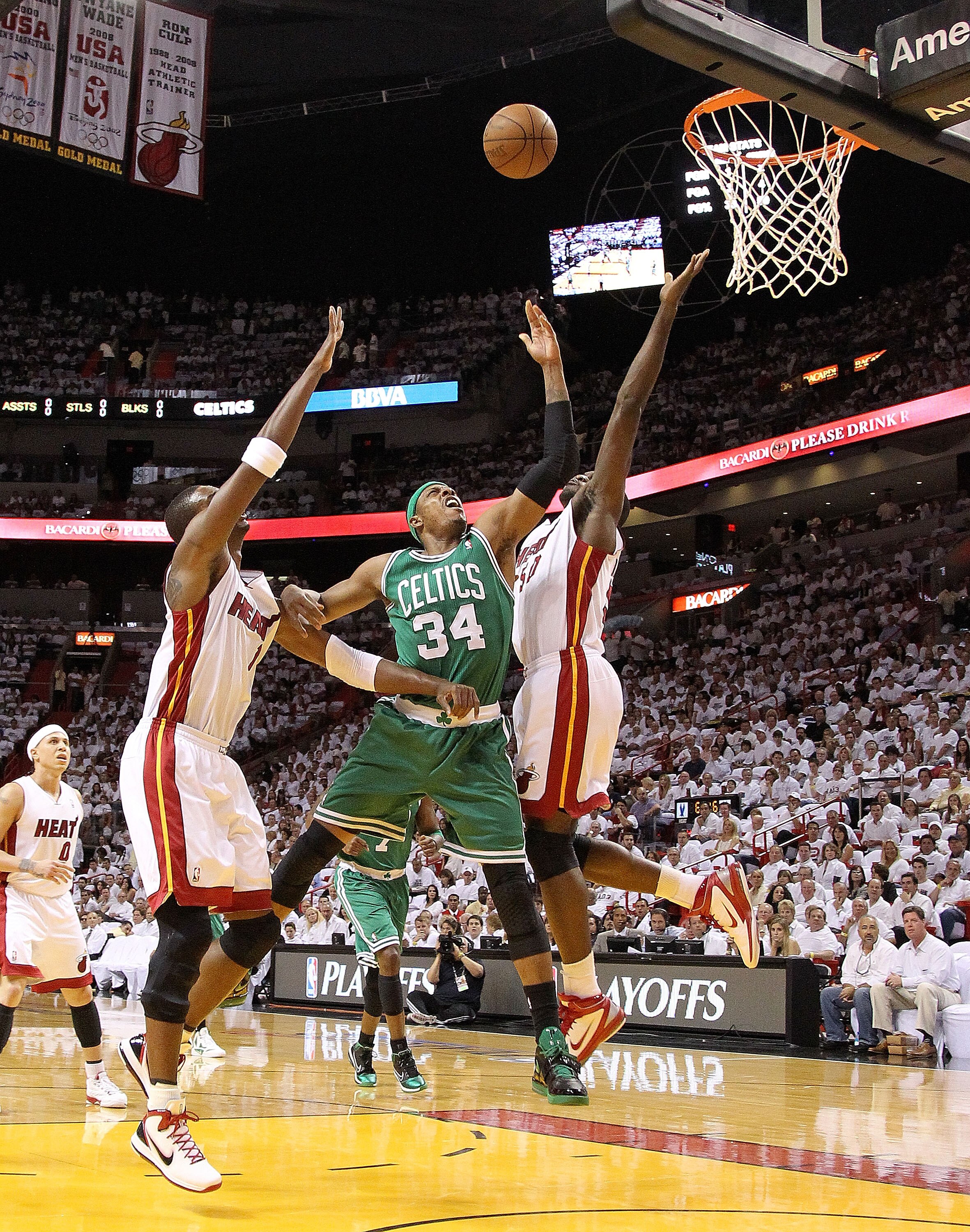 MIAMI, FL - MAY 11:  Paul Pierce #34 of the Boston Celtics drives against Joel Anthony #50 of the Miami Heat during Game Five of the Eastern Conference Semifinals of the 2011 NBA Playoffs at American Airlines Arena on May 11, 2011 in Miami, Florida. NOTE