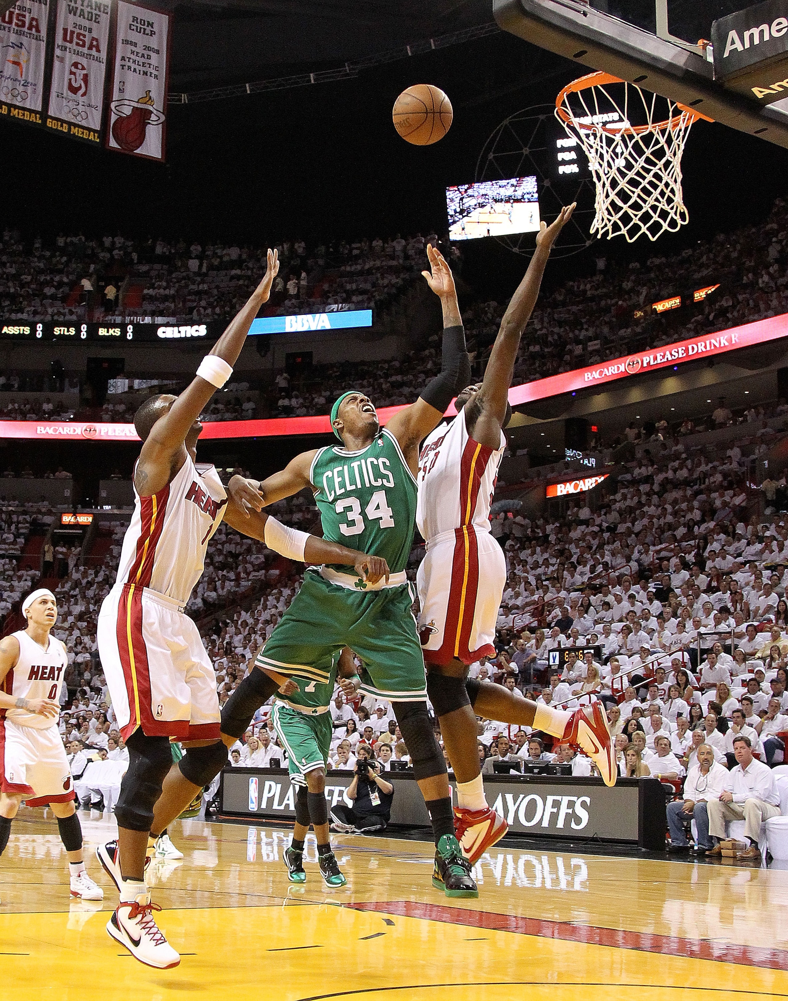MIAMI, FL - MAY 11: Paul Pierce #34 of the Boston Celtics drives against Joel Anthony #50 of the Miami Heat during Game Five of the Eastern Conference Semifinals of the 2011 NBA Playoffs at American Airlines Arena on May 11, 2011 in Miami, Florida. NOTE MIAMI, FL - MAY 11: Paul Pierce #34 of the Boston Celtics drives against Joel Anthony #50 of the Miami Heat during Game Five of the Eastern Conference Semifinals of the 2011 NBA Playoffs at American Airlines Arena on May 11, 2011 in Miami, Florida. NOTE