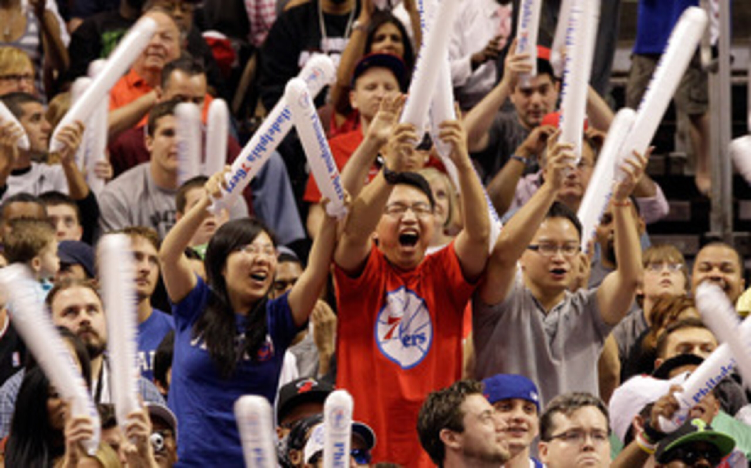 PHILADELPHIA, PA - APRIL 24: Philadelphia 76ers fans cheer during the second half of their 86-82 win over the Miami Heat in Game Four of the Eastern Conference Quarterfinals in the 2011 NBA Playoffs at Wells Fargo Center on April 24, 2011 in Philadelphia,