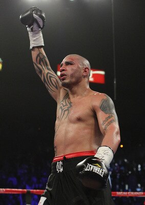 LAS VEGAS - MARCH 12:  Miguel Cotto celebrates his tko knockout win in the twelfth round against Ricardo Mayorga during their WBA Super Welterweight title bout at the MGM Grand Garden Arena on March 12, 2011 in Las Vegas, Nevada.  (Photo by Al Bello/Getty