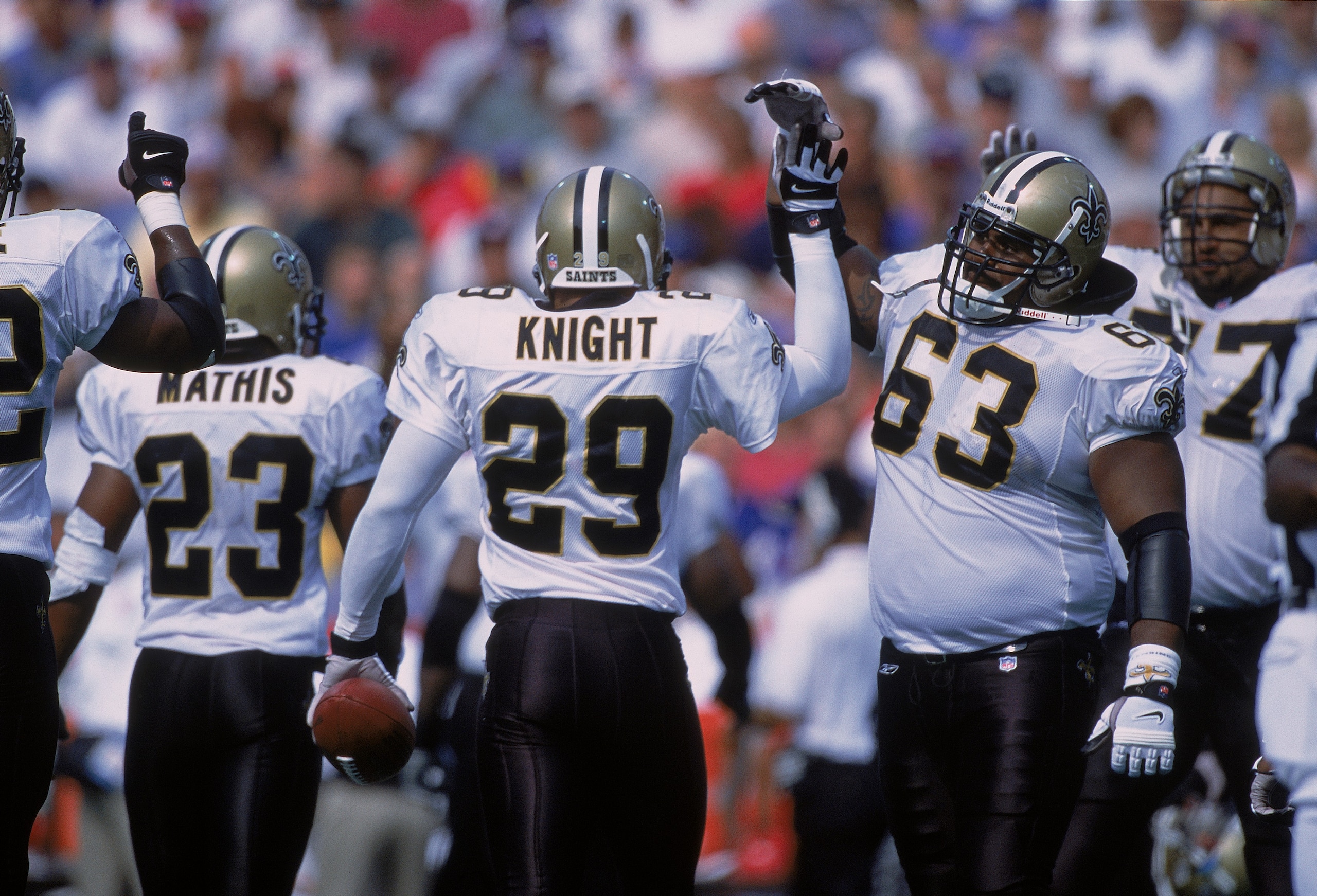 9 Sep 2001:  Sammy Knight #29 of the New Orleans Saints celebrates with Wally Williams #63 after catching 1 of 3 interceptions during the game against the Buffalo Bills at the Ralph Wilson Stadium in Orchard Park, New York.  The Saints defeated the Bills