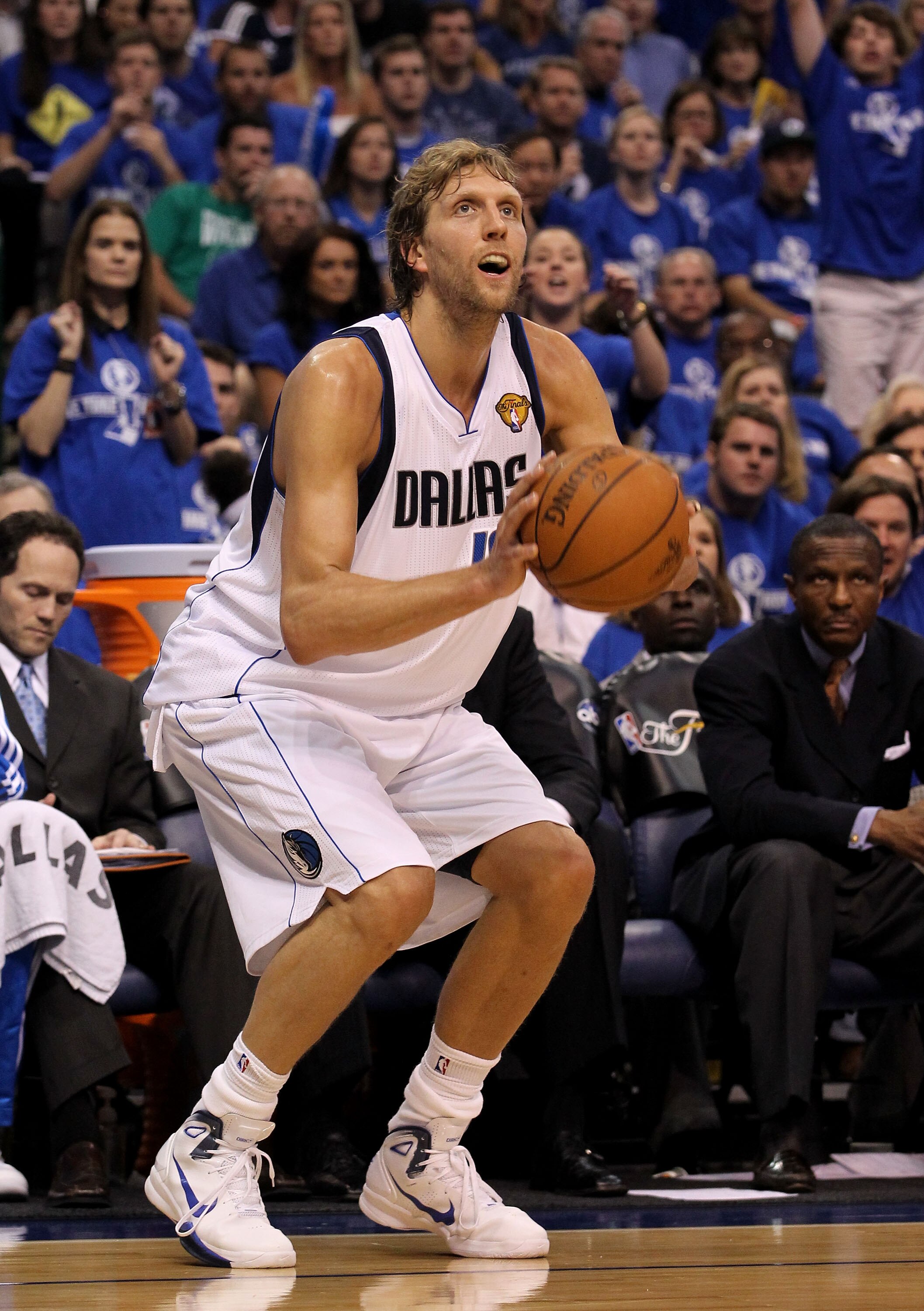 DALLAS, TX - JUNE 05:  Dirk Nowitzki #41 of the Dallas Mavericks shoots a three-pointer while taking on the Miami Heat in Game Three of the 2011 NBA Finals at American Airlines Center on June 5, 2011 in Dallas, Texas.  NOTE TO USER: User expressly acknowl