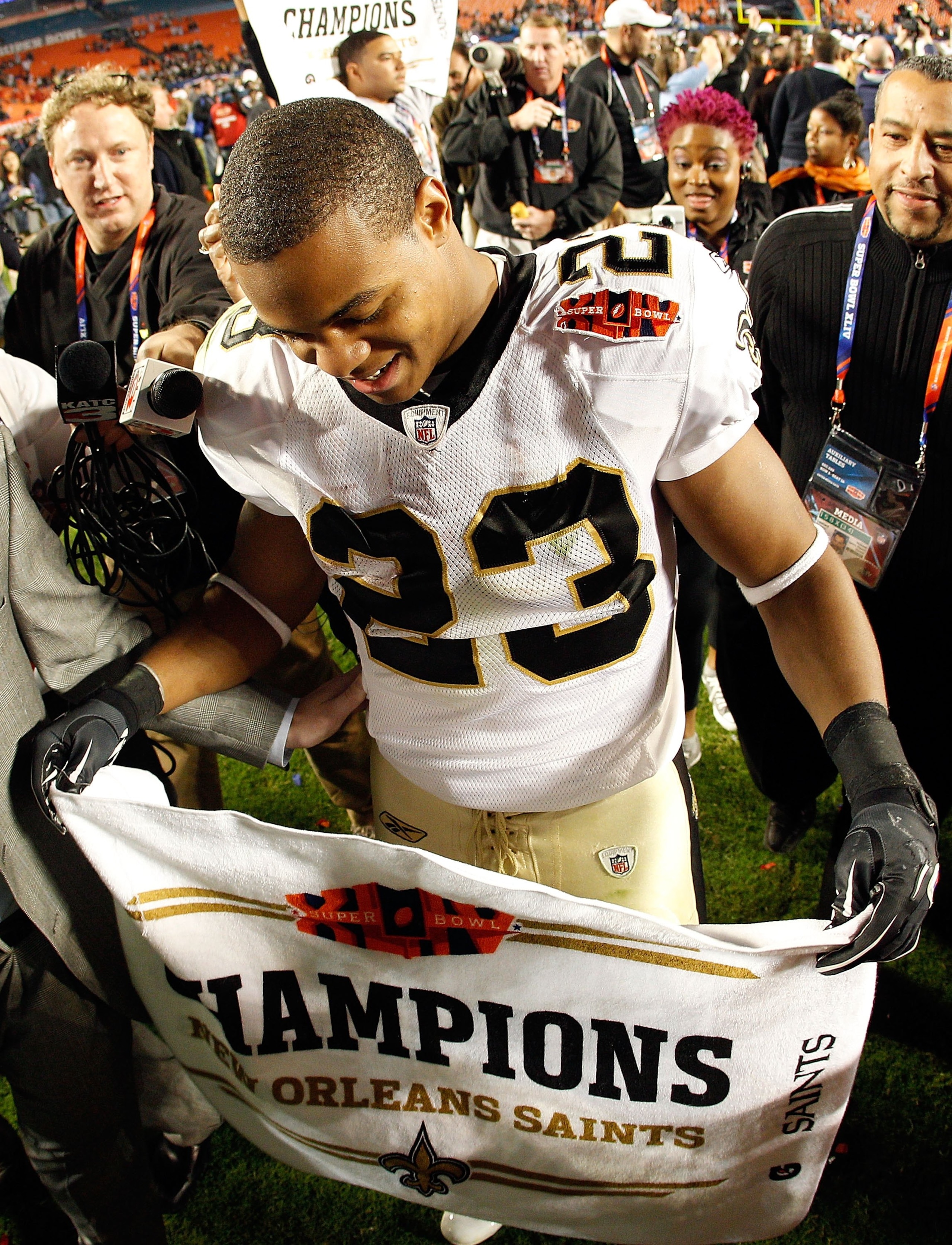 MIAMI GARDENS, FL - FEBRUARY 07:  Pierre Thomas # 23 of the New Orleans Saints celebrates after his team defeated the Indianapolis Colts during Super Bowl XLIV on February 7, 2010 at Sun Life Stadium in Miami Gardens, Florida.  (Photo by Chris Graythen/Ge