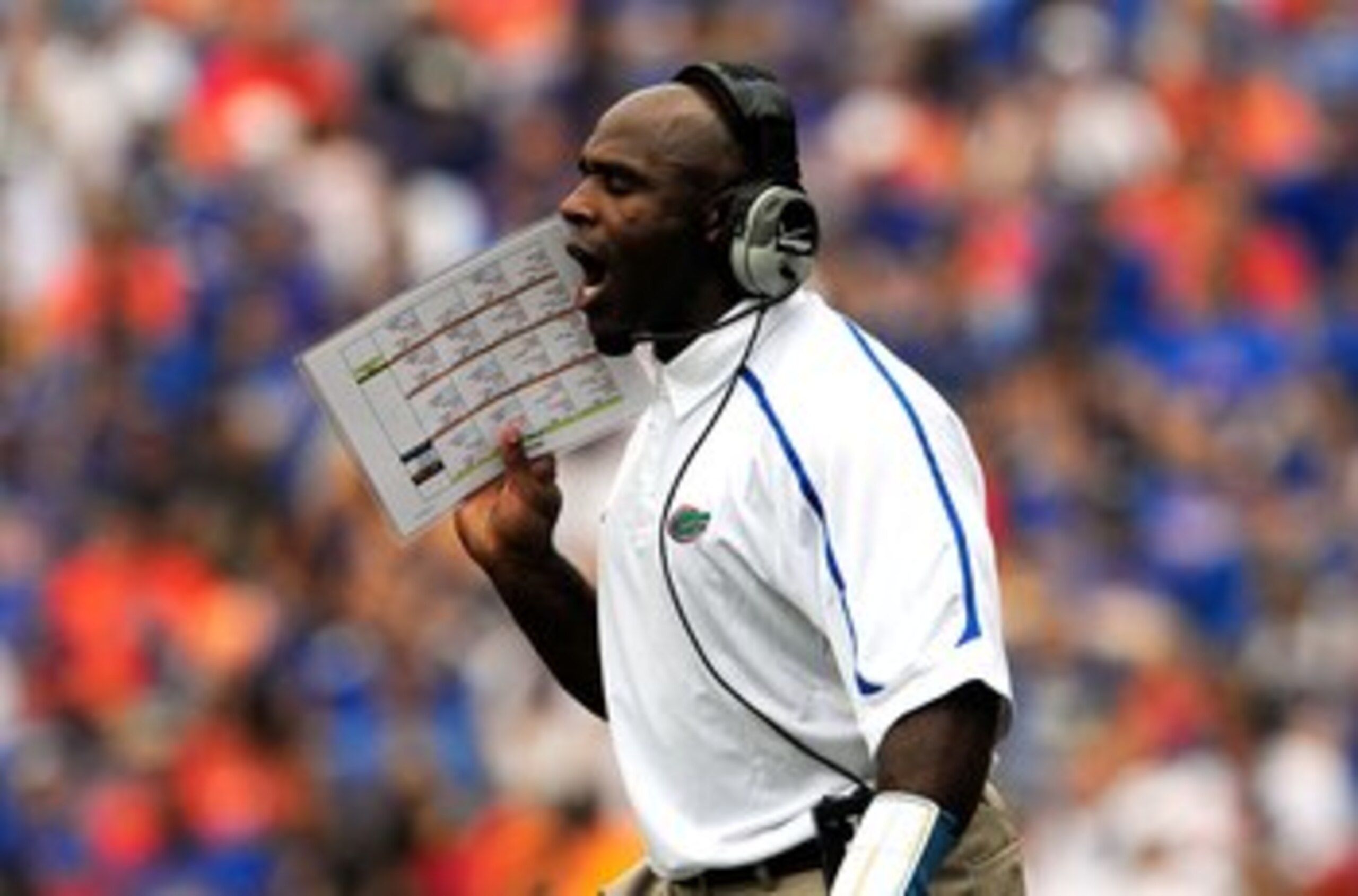 GAINESVILLE, FL - SEPTEMBER 12:  Defensive coordinator Charlie Strong of the Florida Gators calls out a signal during the game against the Troy Trojans at Ben Hill Griffin Stadium on September 12, 2009 in Gainesville, Florida.  (Photo by Sam Greenwood/Get