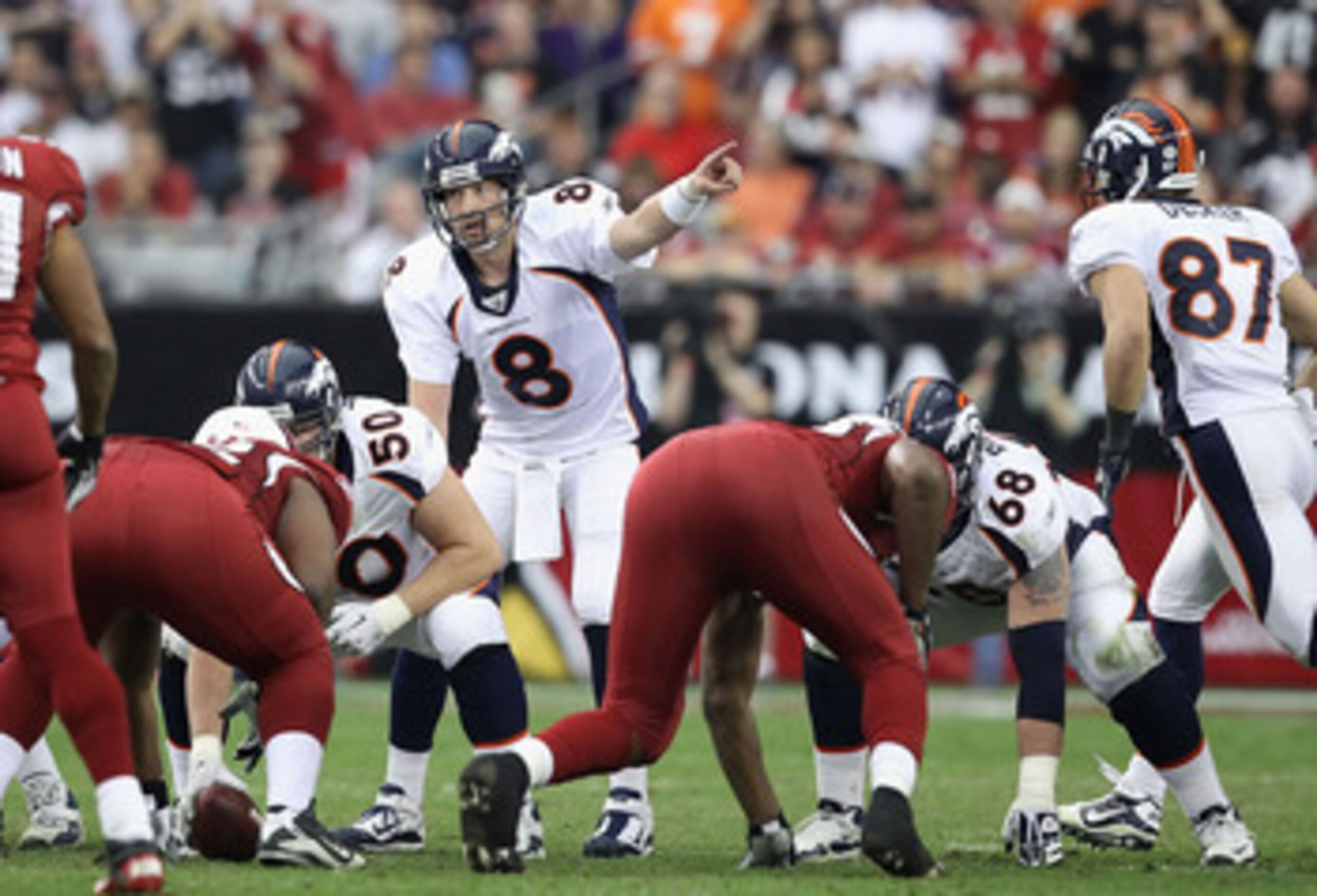 GLENDALE, AZ - DECEMBER 12:  Quarterback Kyle Orton #8 of the Denver Broncos prepares to snap the ball during the NFL game against the Arizona Cardinals at the University of Phoenix Stadium on December 12, 2010 in Glendale, Arizona.  The Cardinals defeate