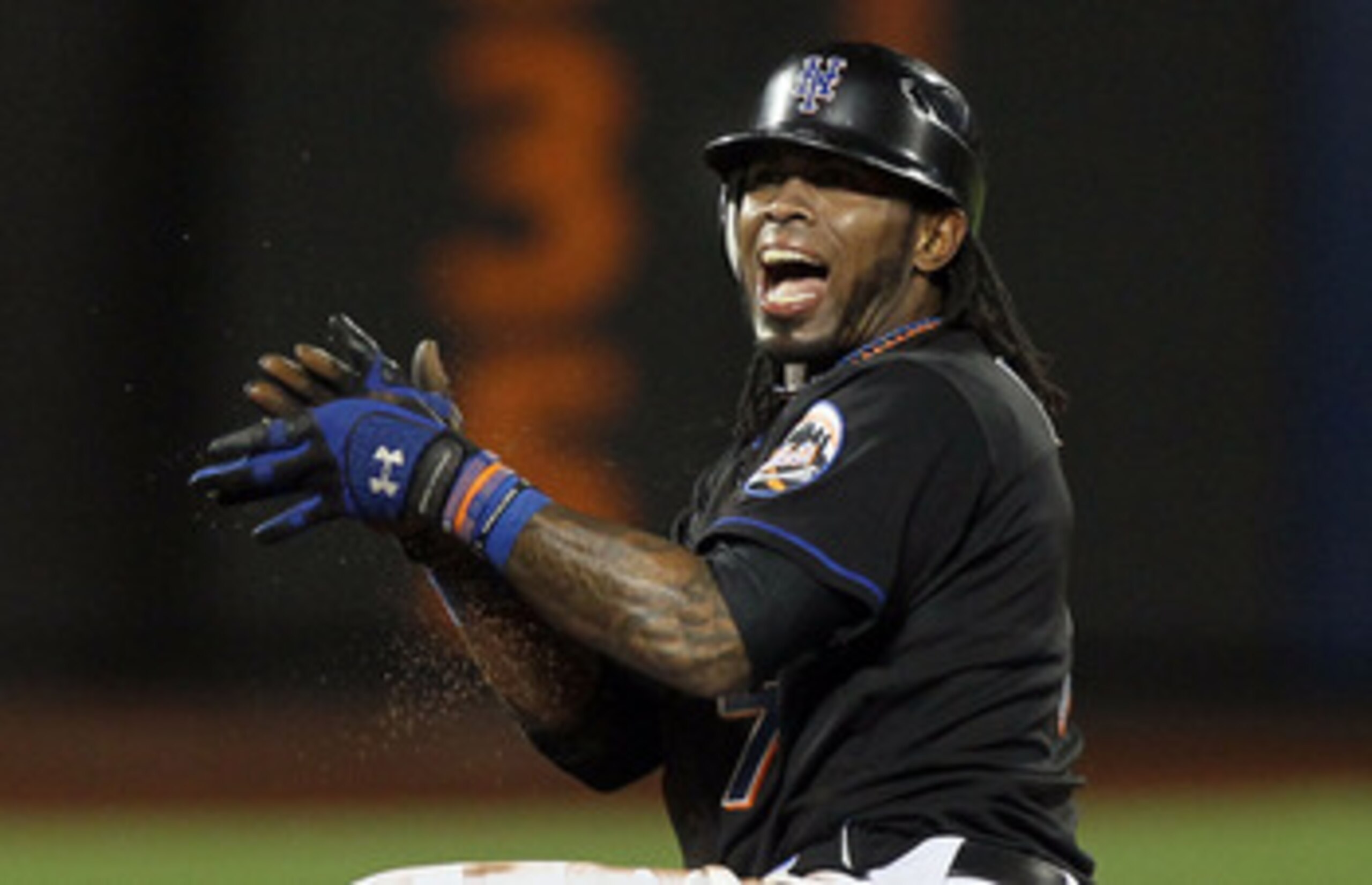 NEW YORK, NY - JUNE 05:  Jose Reyes #7 of the New York Mets celebrates his fourth inning RBI double against the Atlanta Braves on June 5, 2011 at Citi Field in the Flushing neighborhood of the Queens borough of New York City.  (Photo by Jim McIsaac/Getty