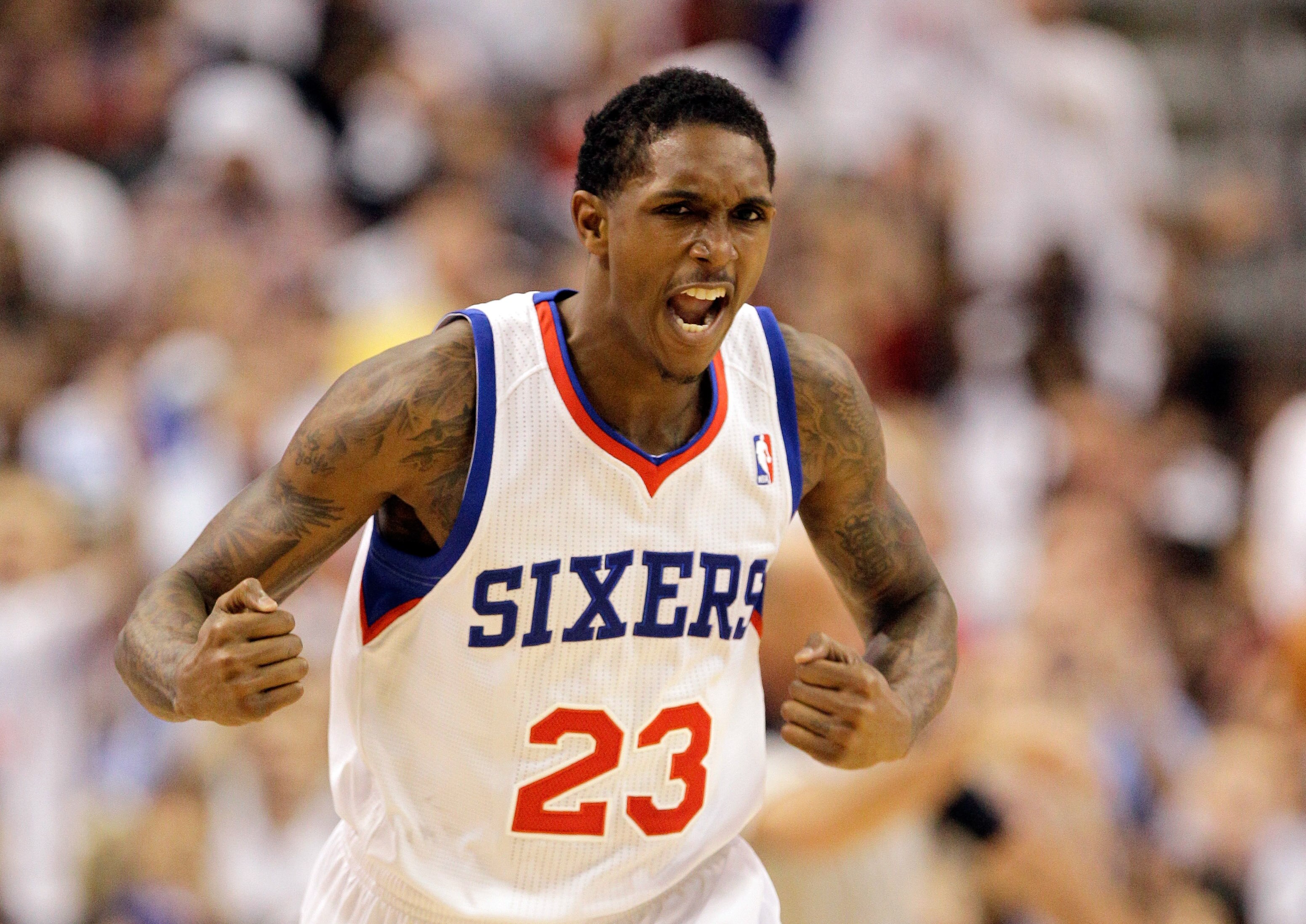 PHILADELPHIA, PA - APRIL 21: Lou Williams #23 of the Philadelphia 76ers reacts after scoring against the Miami Heat during the first half of game three of the Eastern Conference Quarterfinals at Wells Fargo Center on April 21, 2011 in Philadelphia, Pennsy