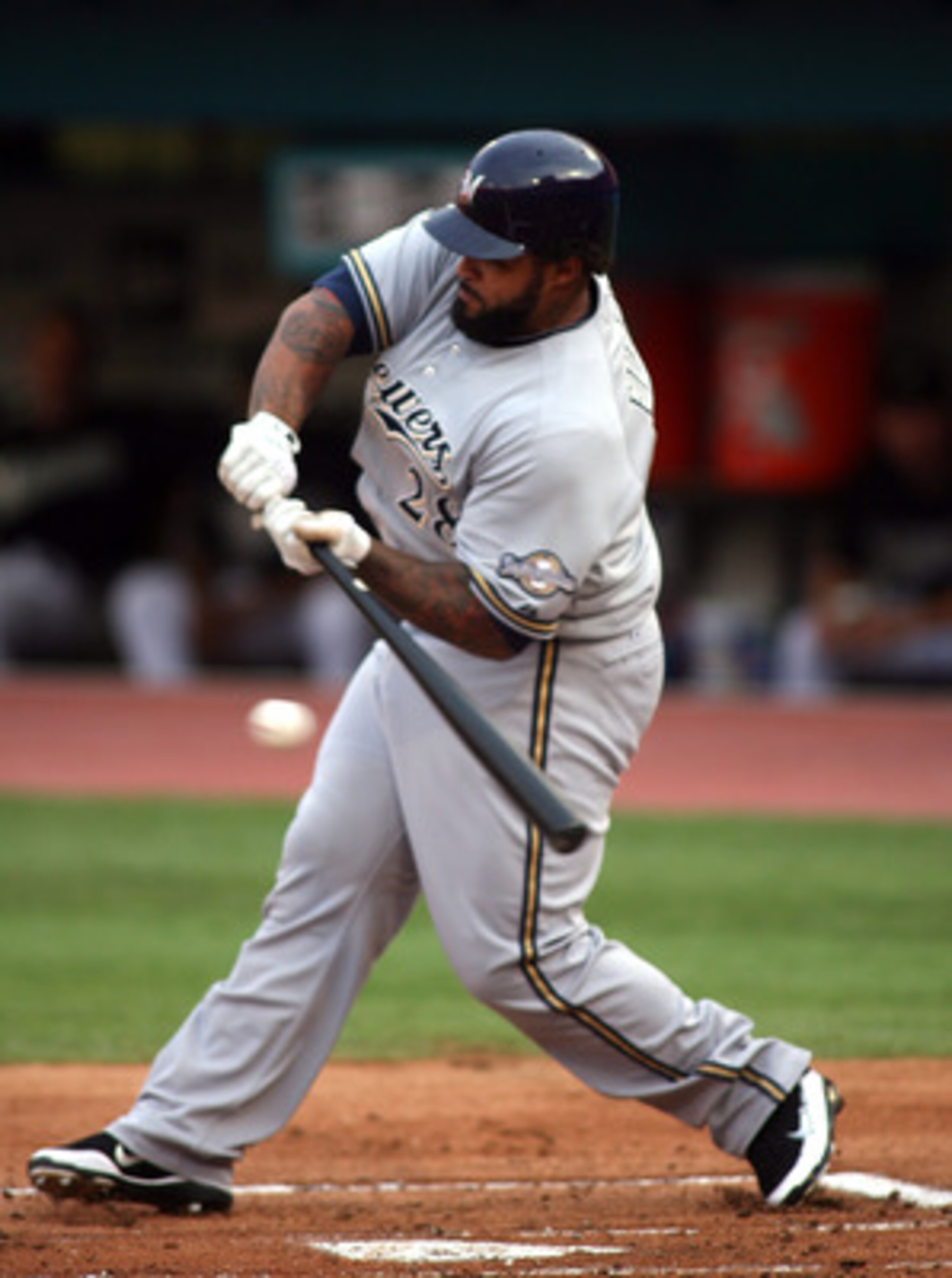 MIAMI GARDENS, FL - JUNE 06:  Prince Fielder #28 of the Milwaukee Brewers hits a three run home run against the Florida Marlins at Sun Life Stadium on June 6, 2011 in Miami Gardens, Florida.  (Photo by Marc Serota/Getty Images)