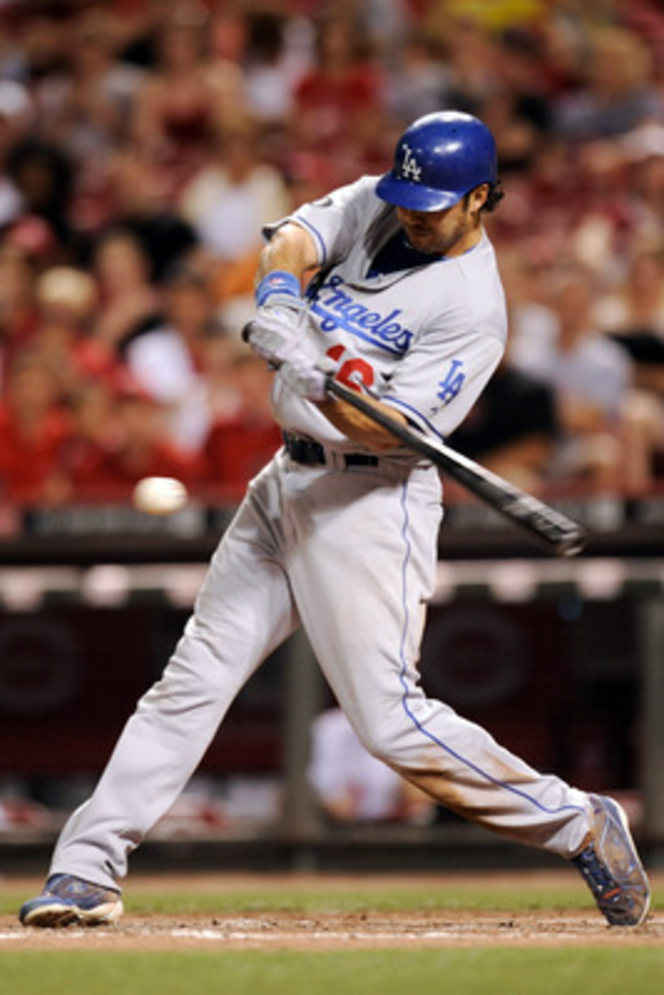 CINCINNATI, OH - JUNE 3:  Andre Ethier #16 of the Los Angeles Dodgers connects for a double in the eighth inning against the Cincinnati Reds at Great American Ball Park on June 3, 2011 in Cincinnati, Ohio. Cincinnati defeated Los Angeles 2-1.  (Photo by J