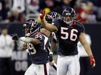 HOUSTON - JANUARY 02:  Glover Quin #29 of the Houston Texans and Brian Cushing #56  celebrate after recovering a fumble late in the fourth quarter against the Jacksonville Jaguars at Reliant Stadium on January 2, 2011 in Houston, Texas.  (Photo by Bob Lev