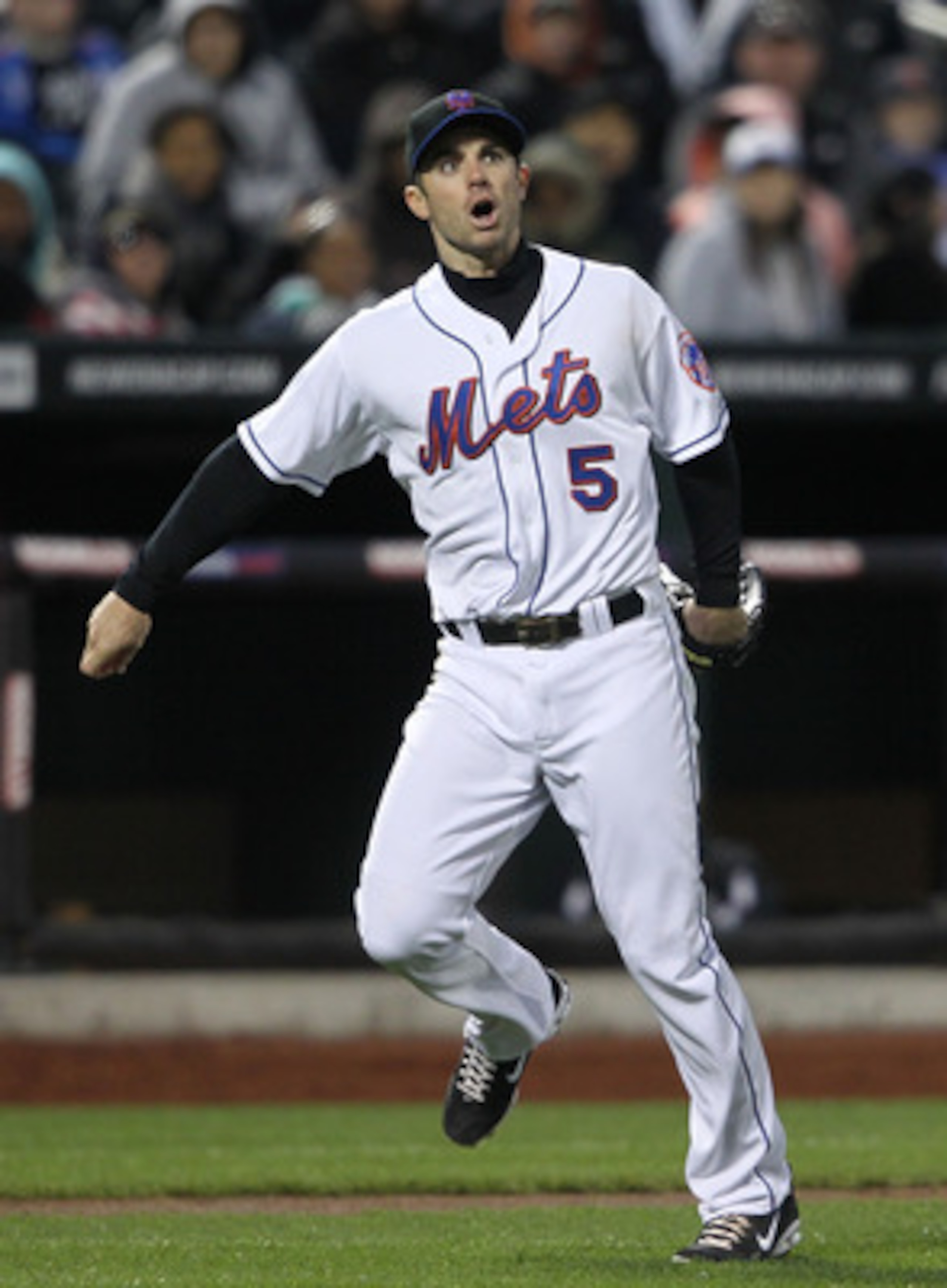 NEW YORK, NY - APRIL 21:  David Wright #5 of the New York Mets reacts after overthrowing to first base against the Houston Astros at Citi Field on April 21, 2011 in the Flushing neighborhood of the Queens borough of New York City.  (Photo by Nick Laham/Ge
