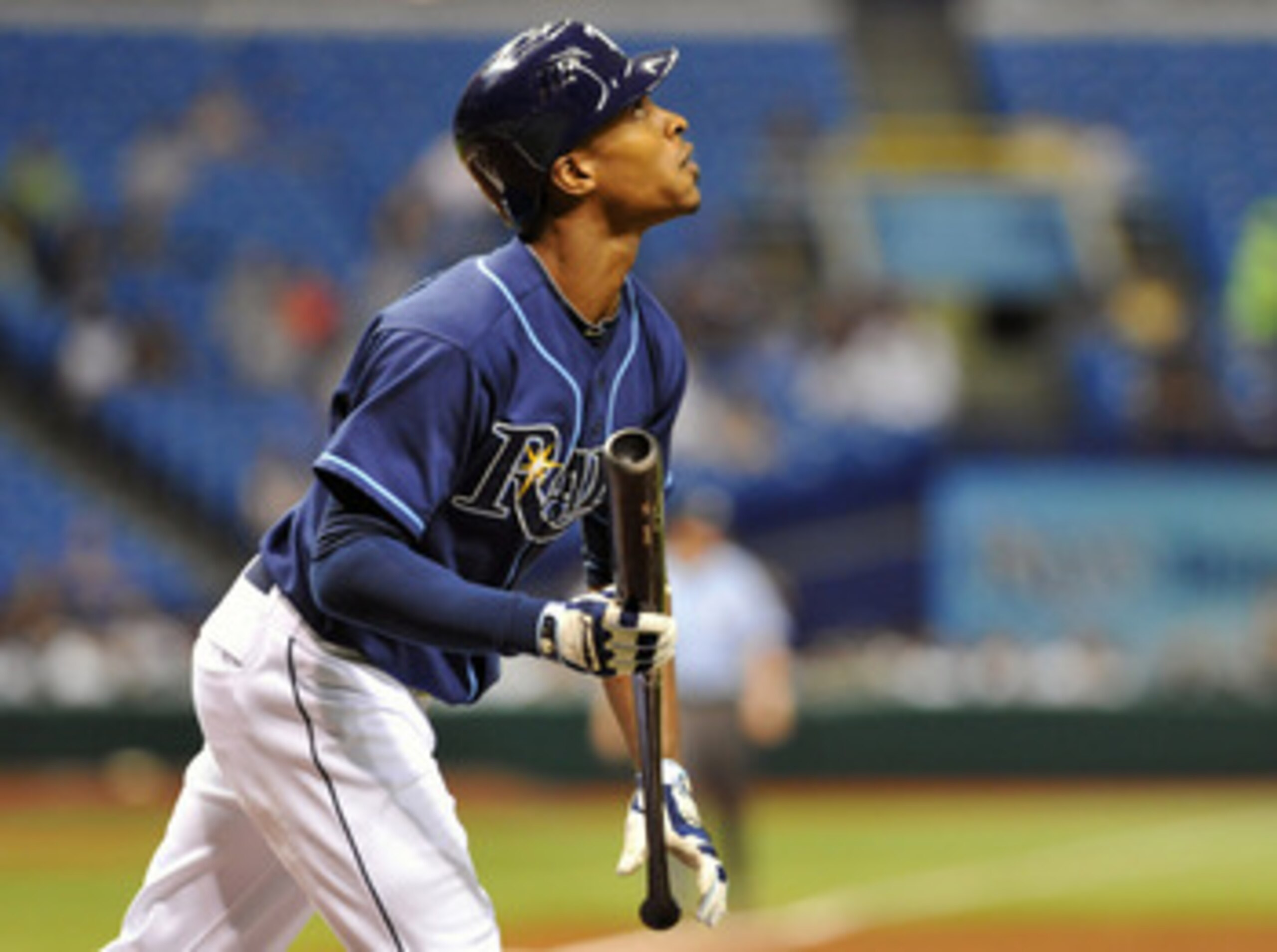 ST. PETERSBURG, FL - JUNE 1:  Outfielder B. J. Upton #2 of the Tampa Bay Rays follows a fly ball against the Texas Rangers June 1, 2011 at Tropicana Field in St. Petersburg, Florida.  (Photo by Al Messerschmidt/Getty Images)