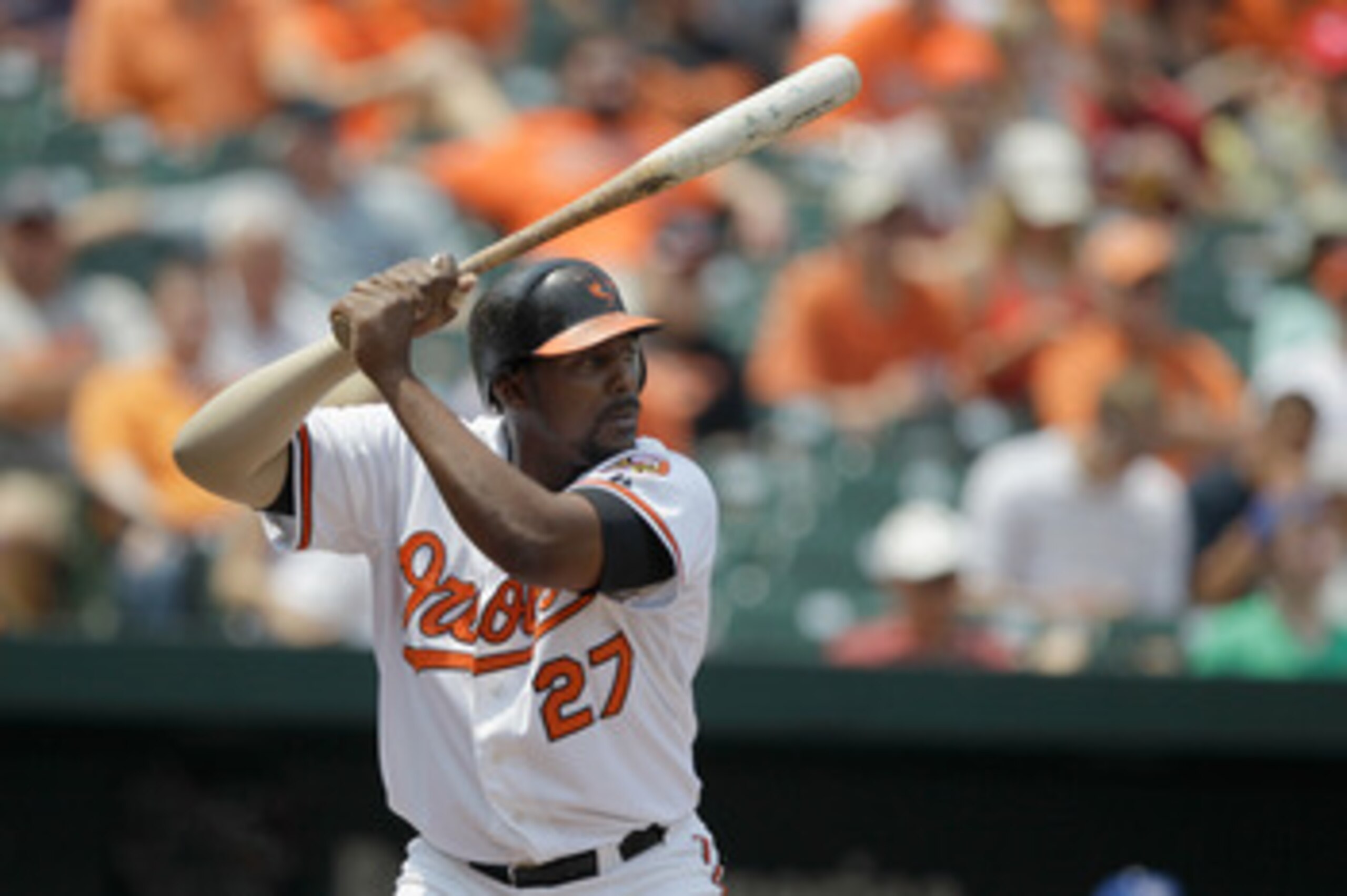 BALTIMORE, MD - MAY 26: Vladimir Guerrero #27 of the Baltimore Orioles at the plate against the Kansas City Royals at Oriole Park at Camden Yards on May 26, 2011 in Baltimore, Maryland.  (Photo by Rob Carr/Getty Images)